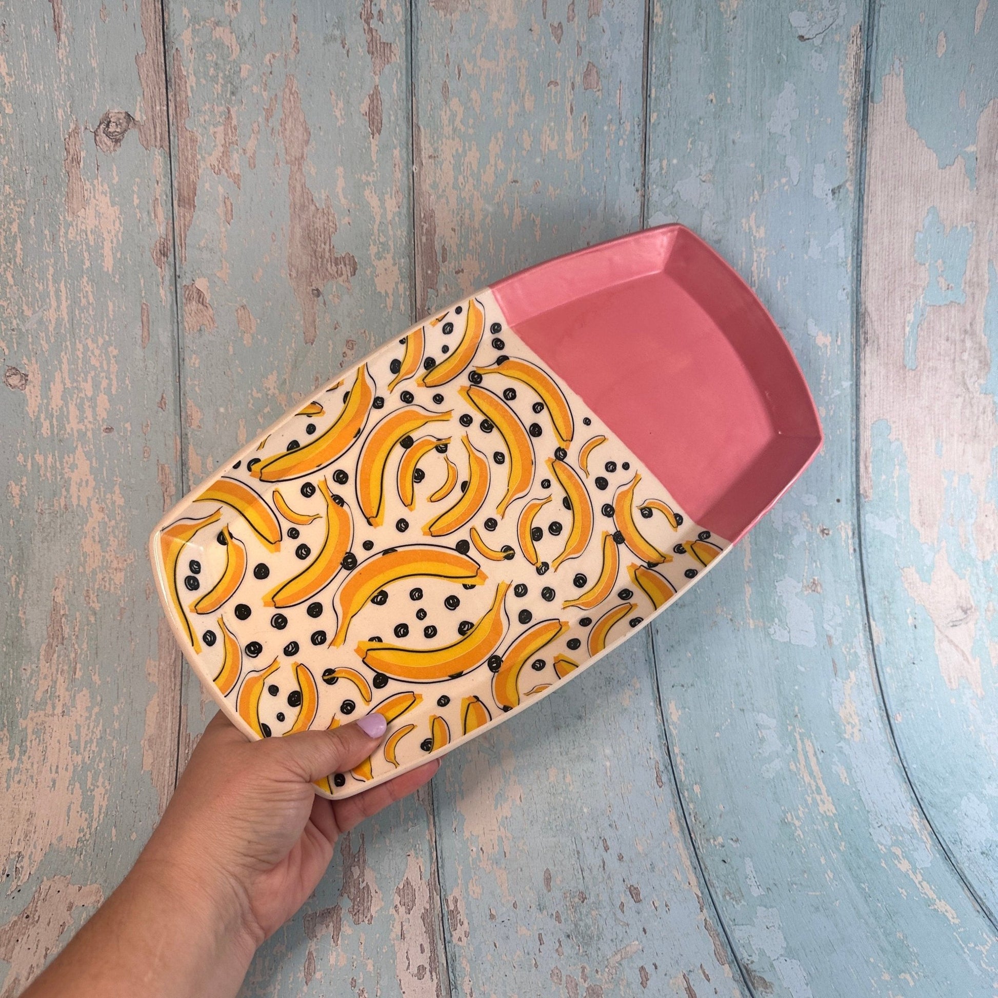 Large Banana Platter, Yellow and Pink Handmade Rectangle Ceramic Plate - FJD Ceramics