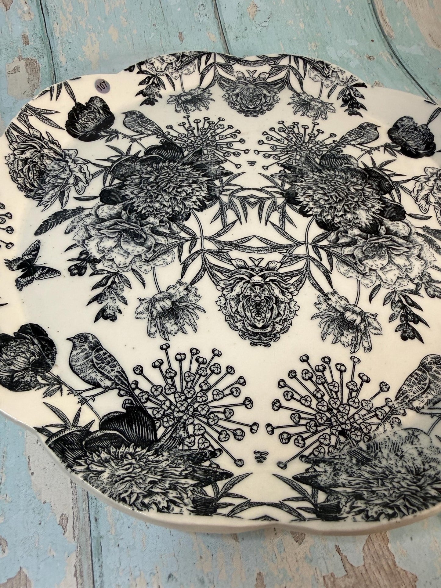 Large black and White Floral Platter - FJD Ceramics
