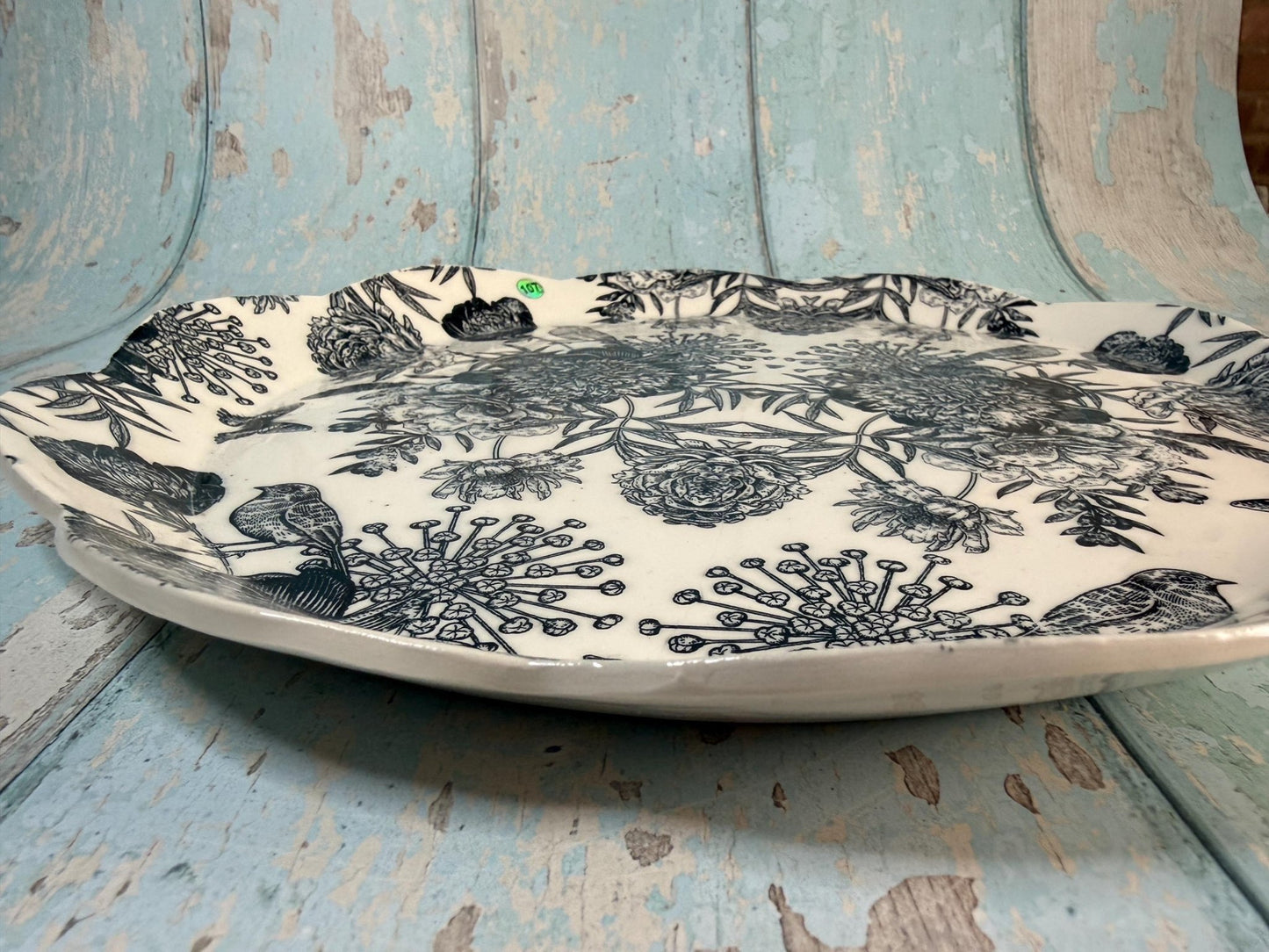 Large black and White Floral Platter - FJD Ceramics