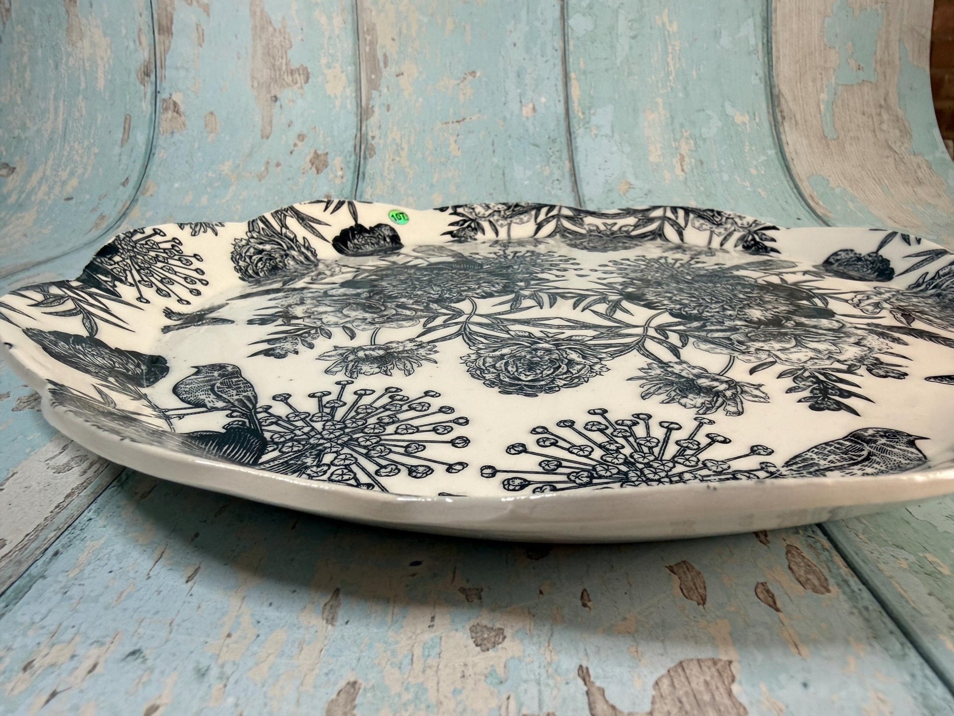 Large black and White Floral Platter - FJD Ceramics