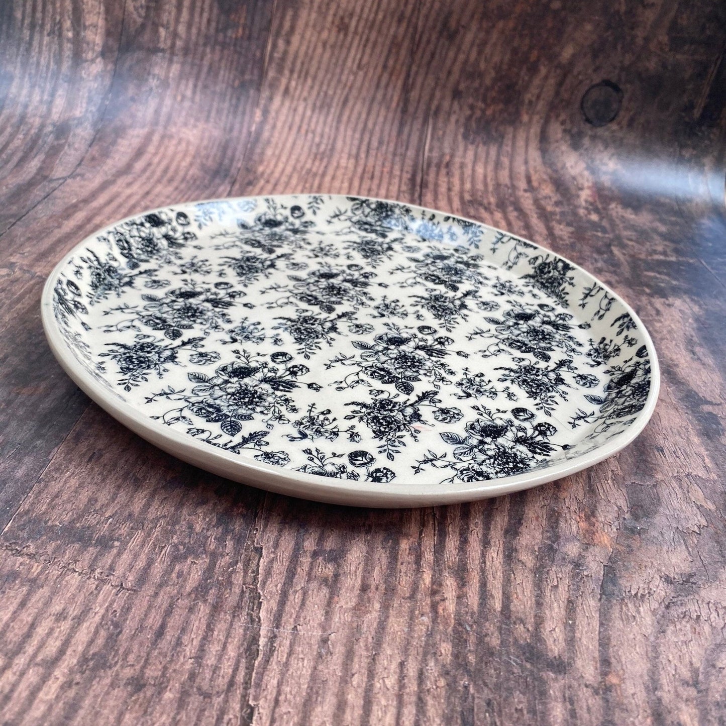 Large black and White Floral Platter - FJD Ceramics