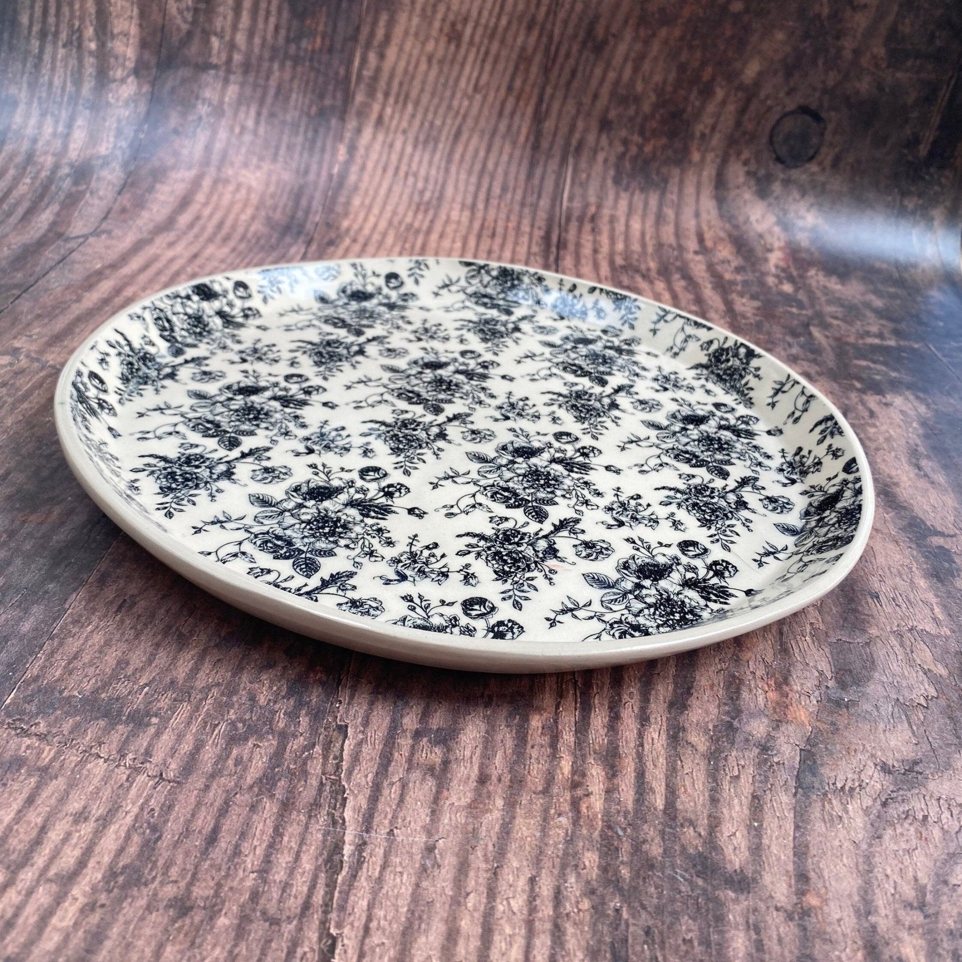 Large black and White Floral Platter - FJD Ceramics