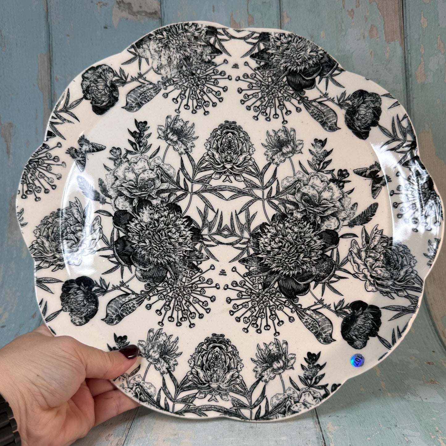 Large black and White Floral Platter - FJD Ceramics