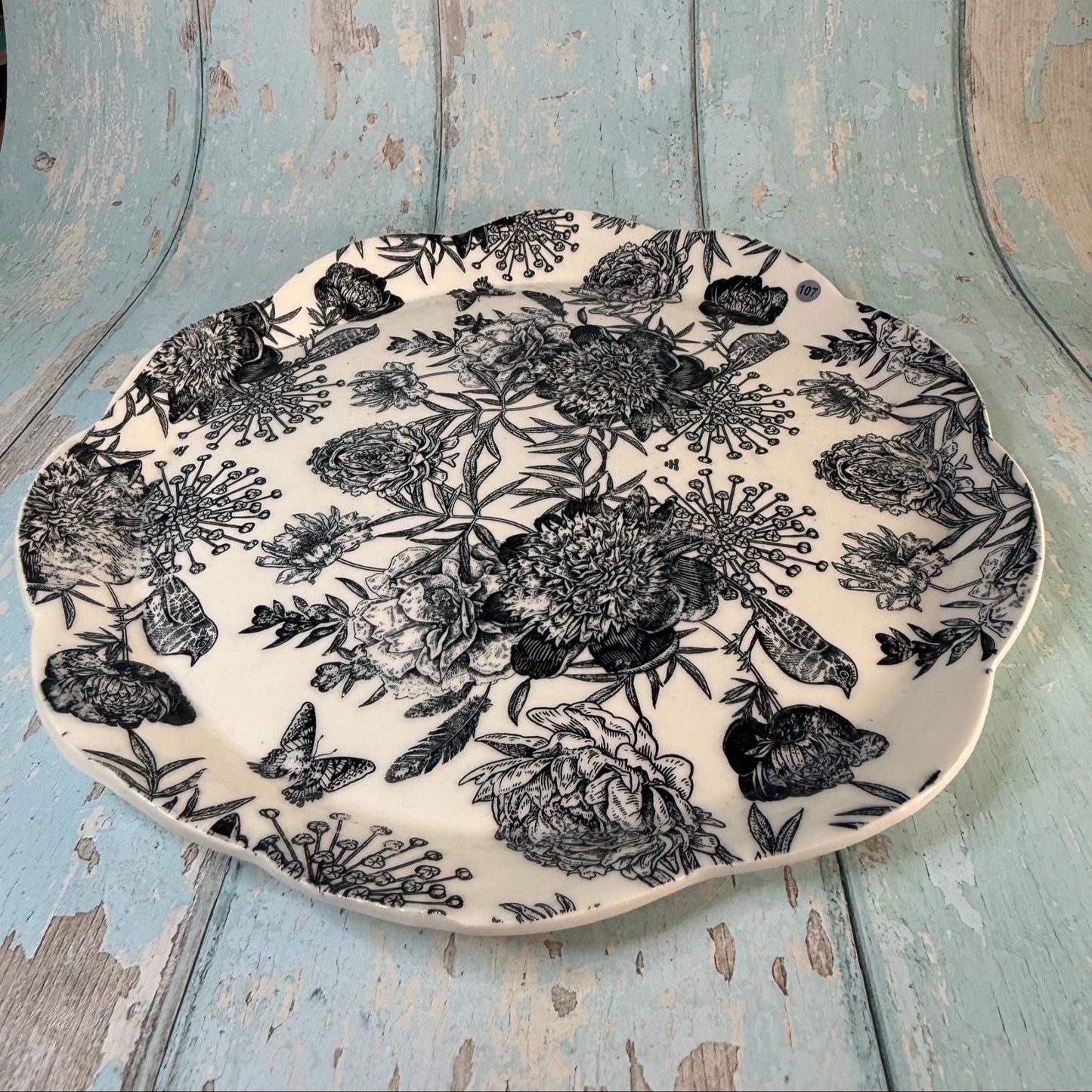 Large black and White Floral Platter - FJD Ceramics