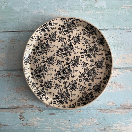 Large black and White Floral Platter - FJD Ceramics