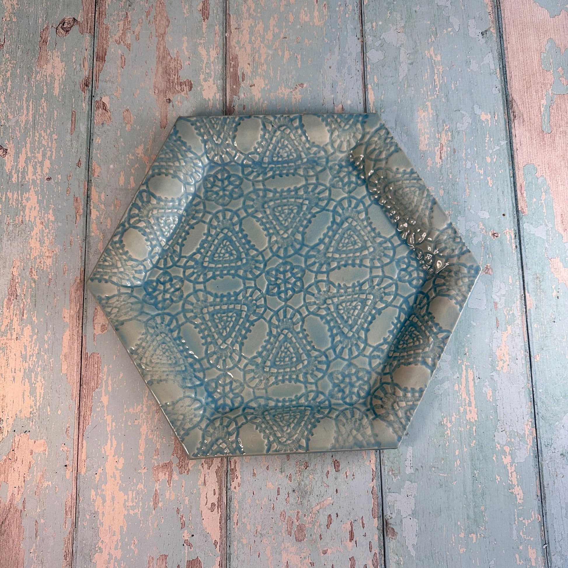 Large Blue Hexagon Platter, Round Ceramic Plate - FJD Ceramics