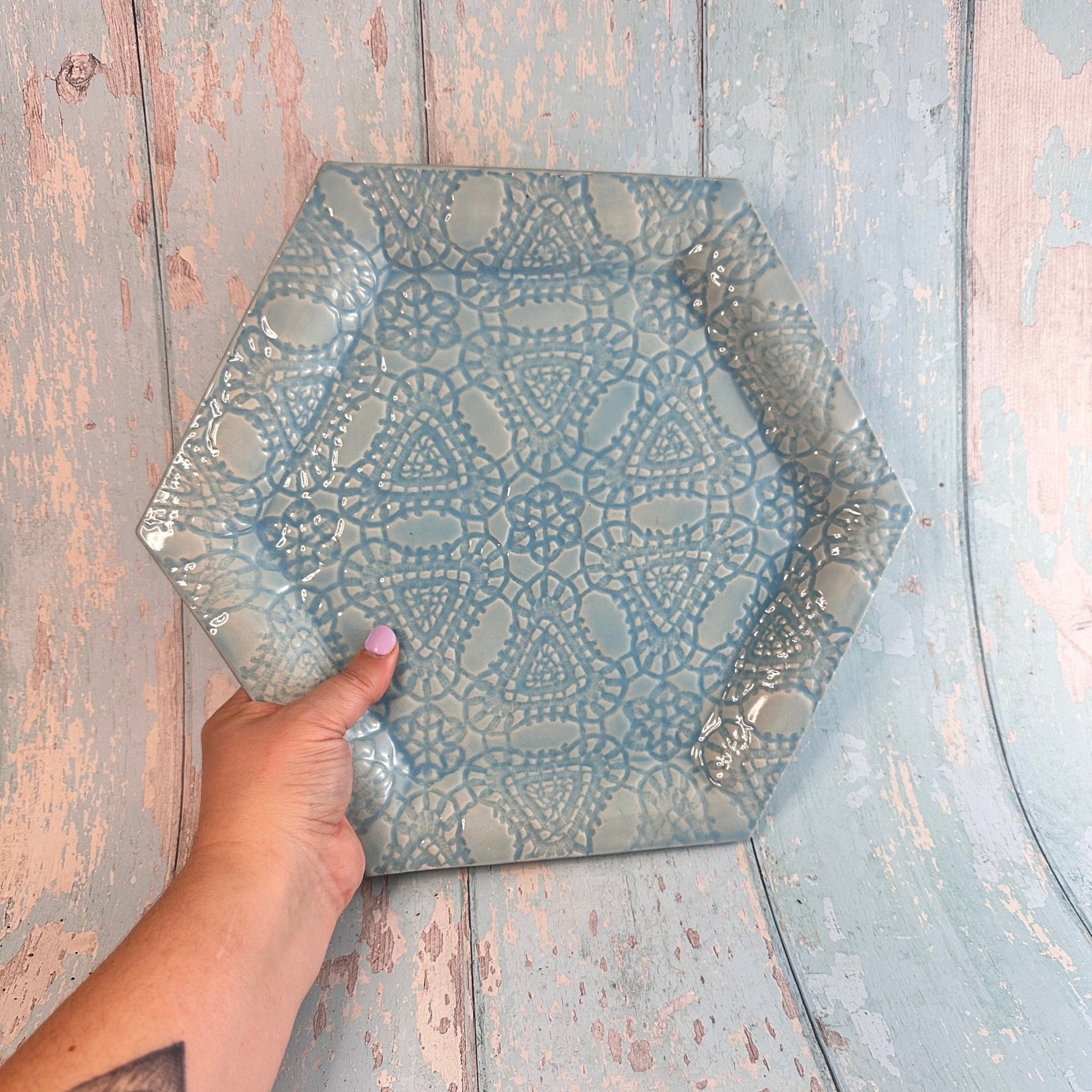 Large Blue Hexagon Platter, Round Ceramic Plate - FJD Ceramics