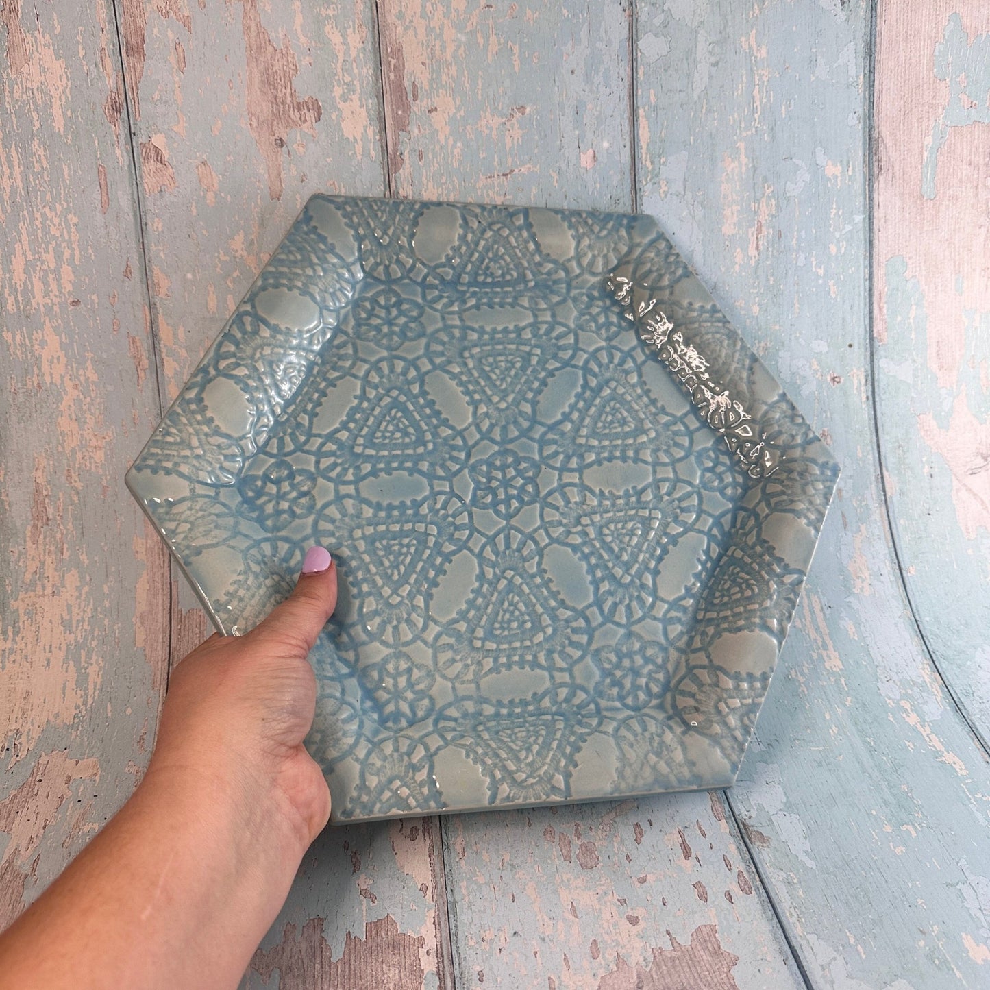 Large Blue Hexagon Platter, Round Ceramic Plate - FJD Ceramics