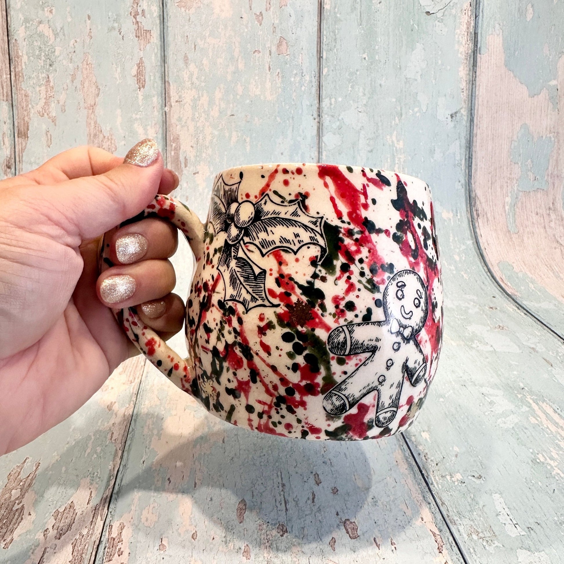 Large Christmas Mug, Handmade Ceramic Cup, Green Red Gold - FJD Ceramics