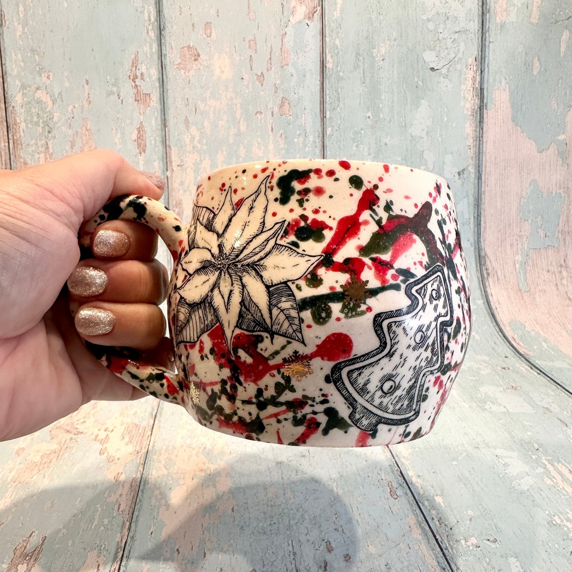 Large Christmas Mug, Handmade Ceramic Cup, Green Red Gold - FJD Ceramics