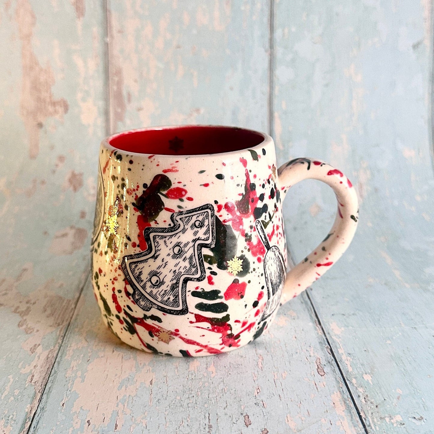 Large Christmas Mug, Handmade Ceramic Cup, Green Red Gold - FJD Ceramics