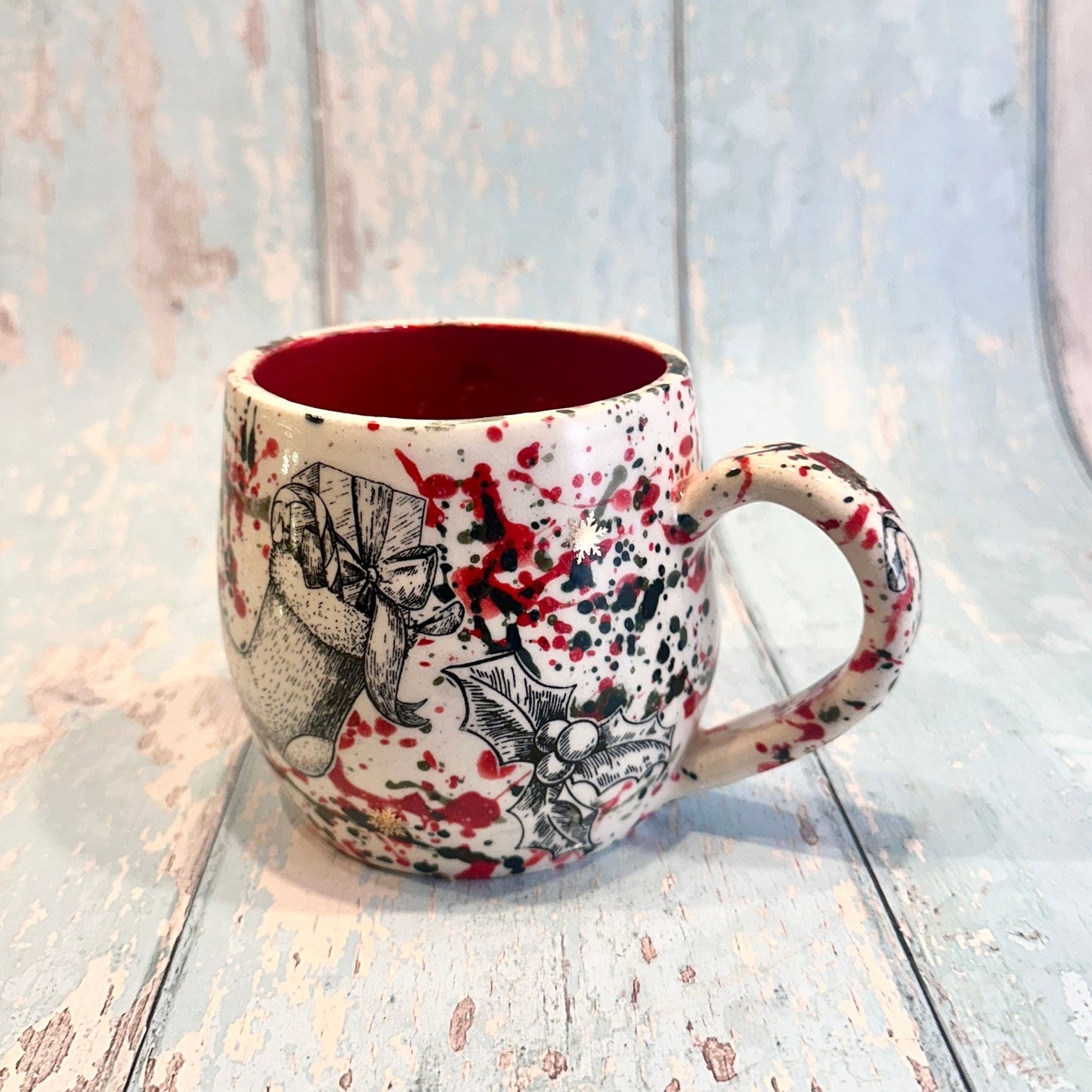 Large Christmas Mug, Handmade Ceramic Cup, Green Red Gold - FJD Ceramics