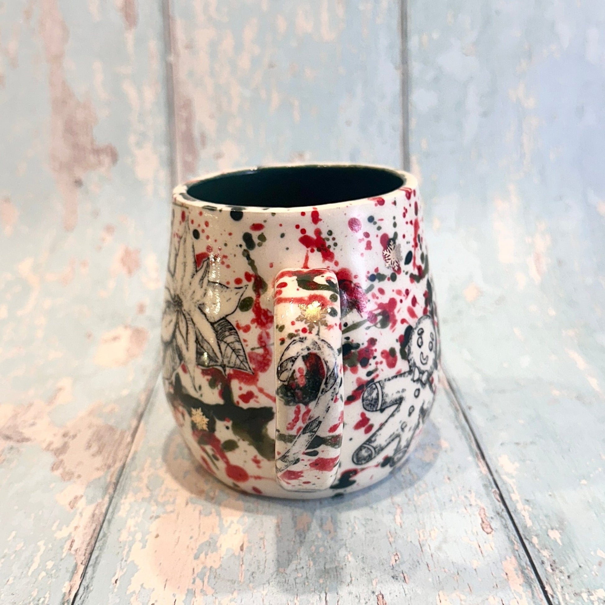 Large Christmas Mug, Handmade Ceramic Cup, Green Red Gold - FJD Ceramics