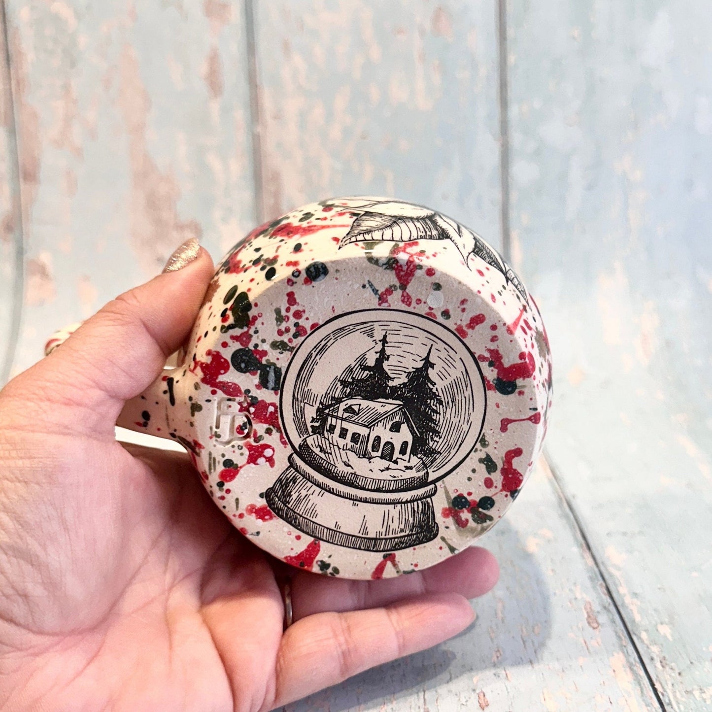 Large Christmas Mug, Handmade Ceramic Cup, Green Red Gold - FJD Ceramics