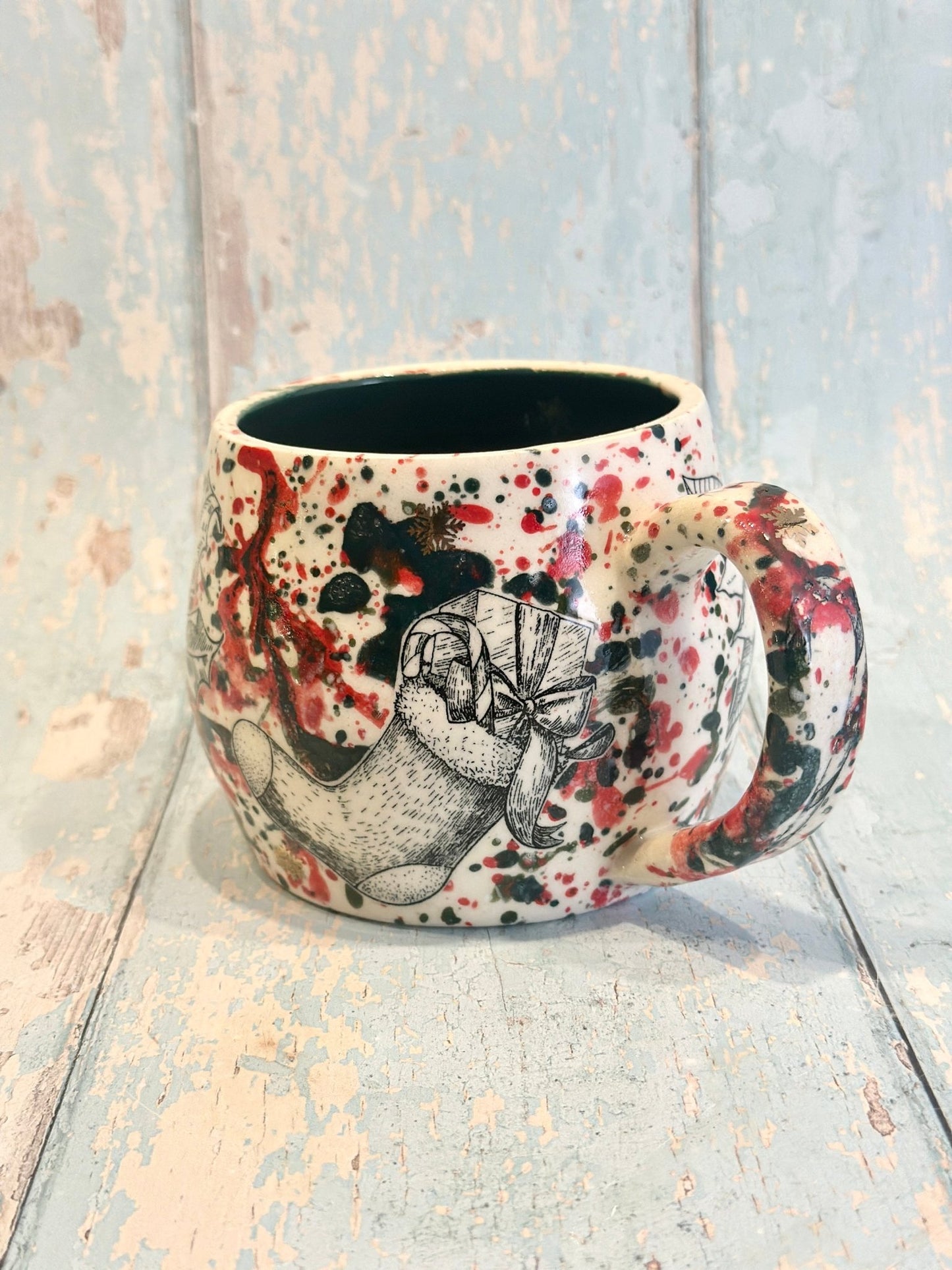 Large Christmas Mug, Handmade Ceramic Cup, Green Red Gold - FJD Ceramics