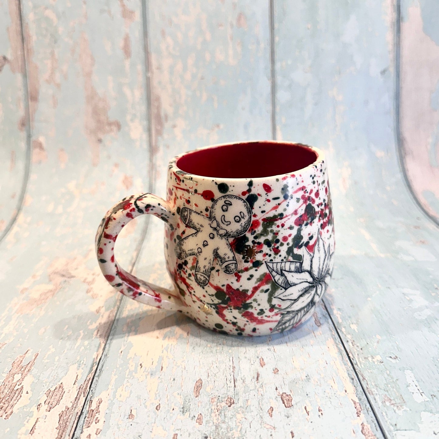 Large Christmas Mug, Handmade Ceramic Cup, Green Red Gold - FJD Ceramics