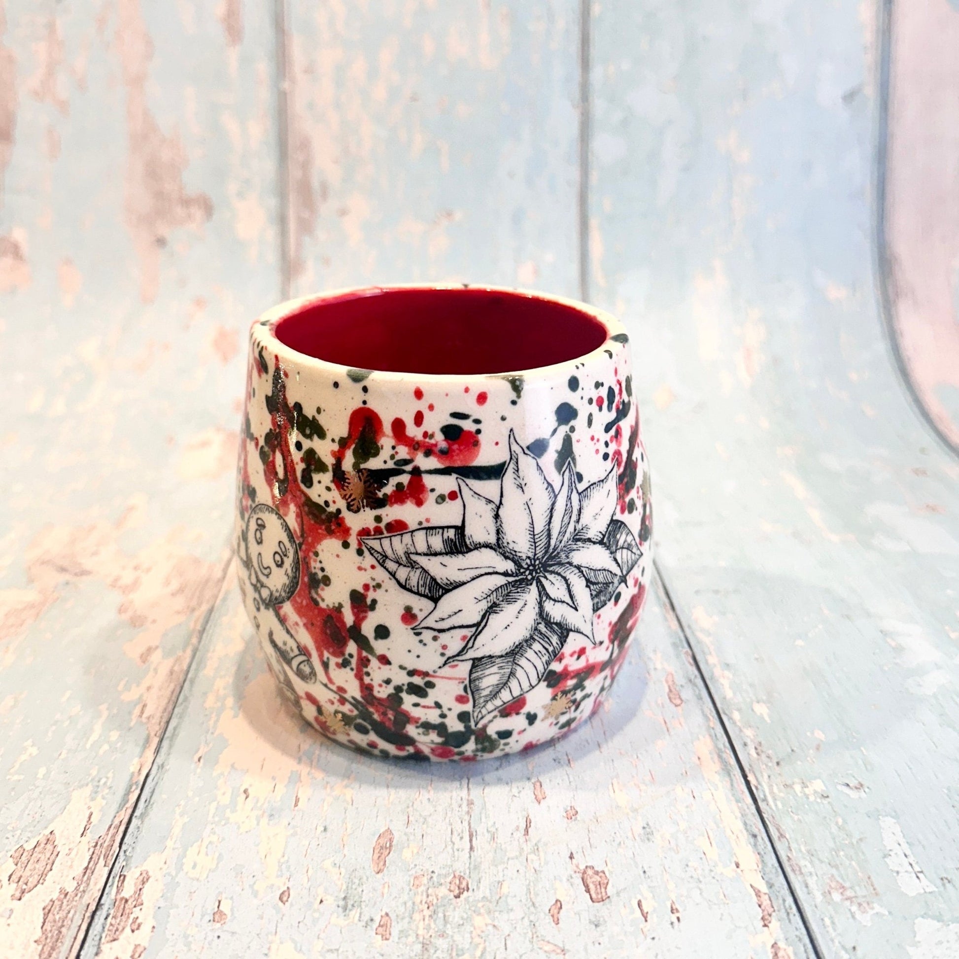 Large Christmas Mug, Handmade Ceramic Cup, Green Red Gold - FJD Ceramics