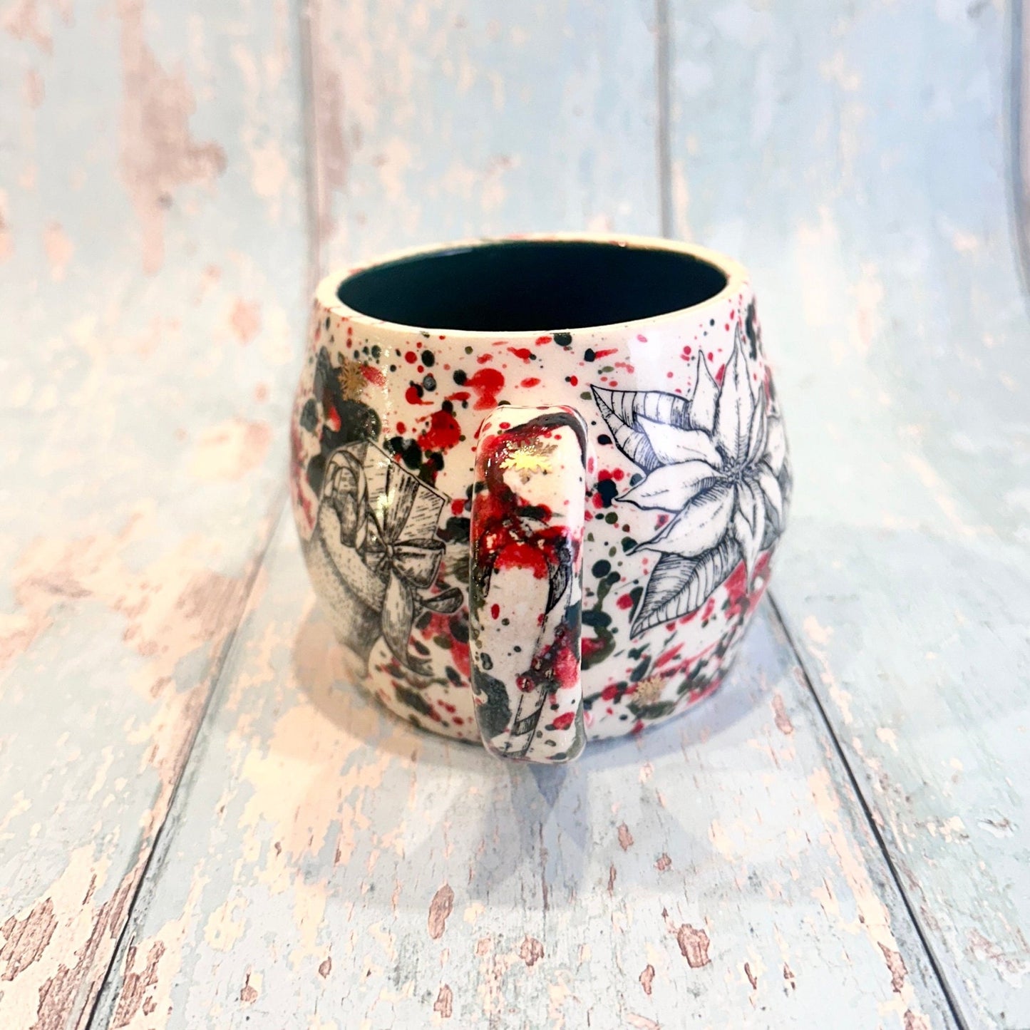 Large Christmas Mug, Handmade Ceramic Cup, Green Red Gold - FJD Ceramics