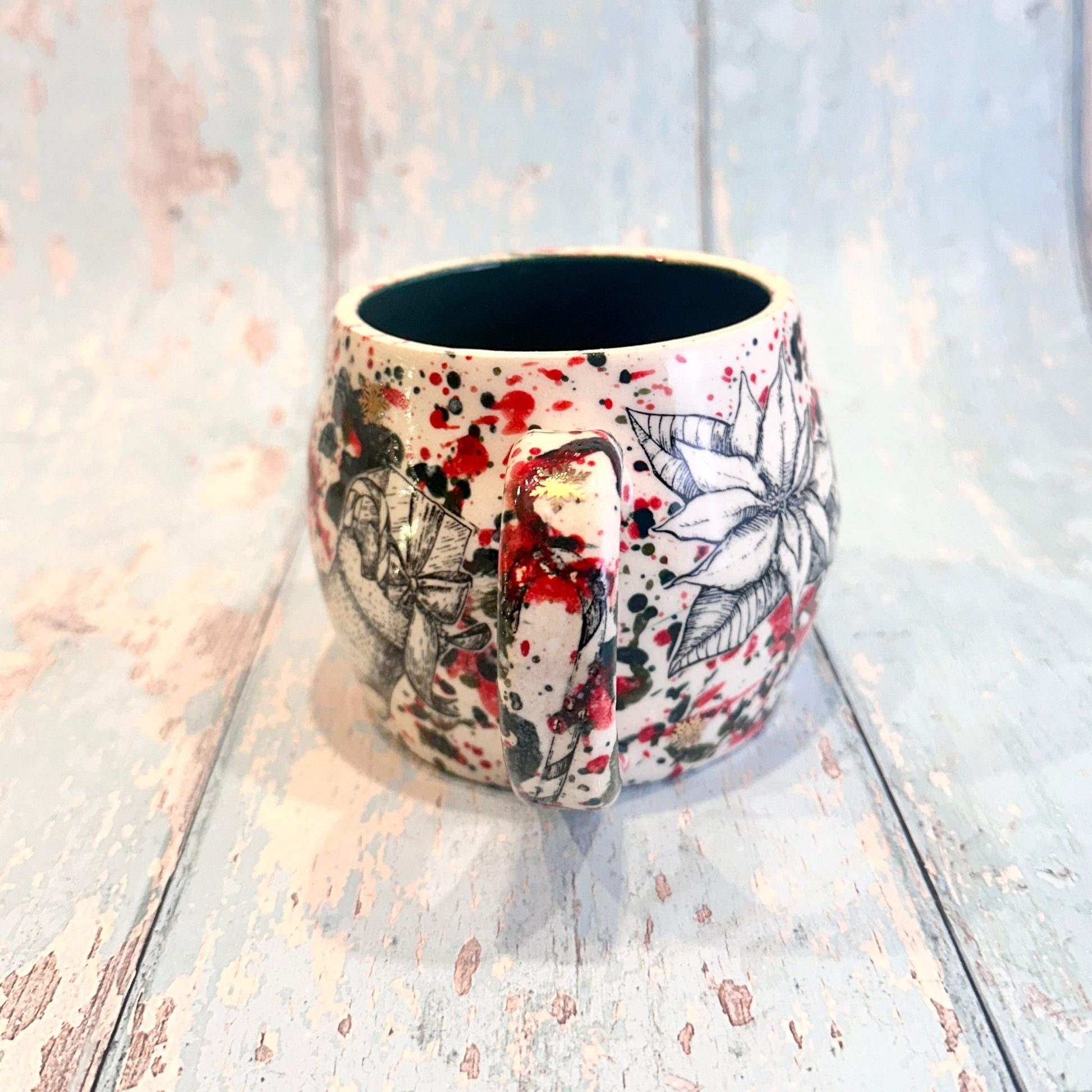 Large Christmas Mug, Handmade Ceramic Cup, Green Red Gold - FJD Ceramics