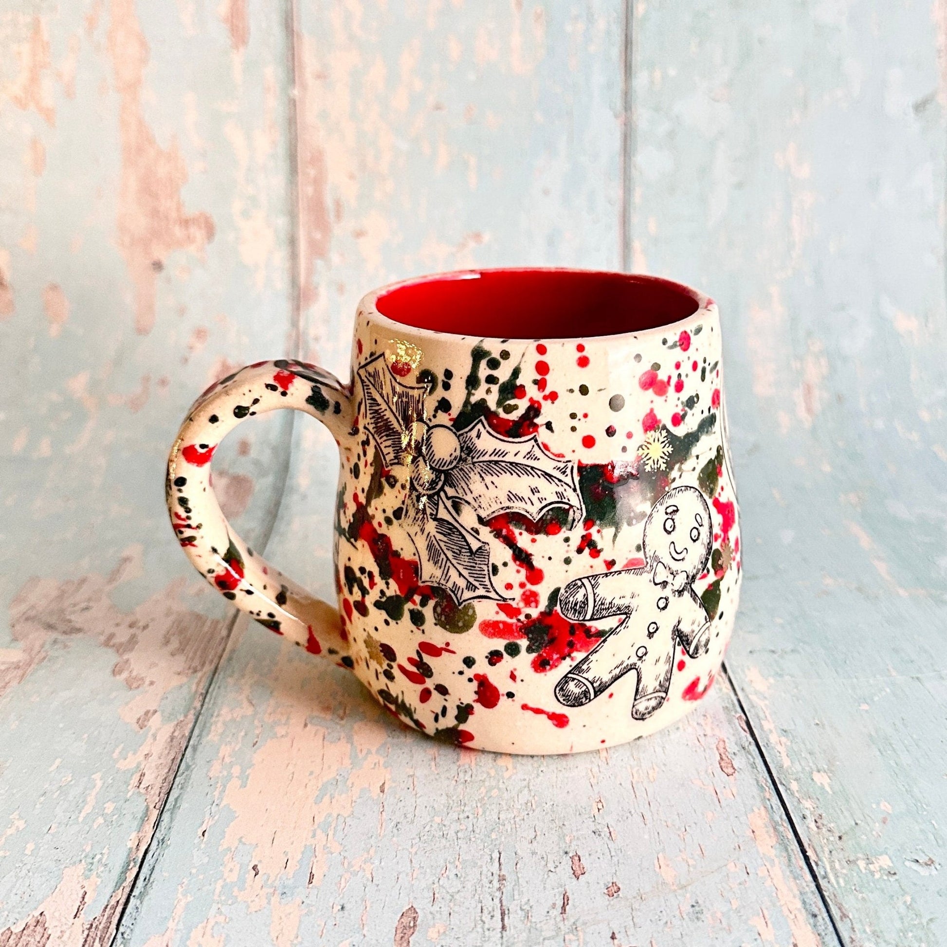 Large Christmas Mug, Handmade Ceramic Cup, Green Red Gold - FJD Ceramics