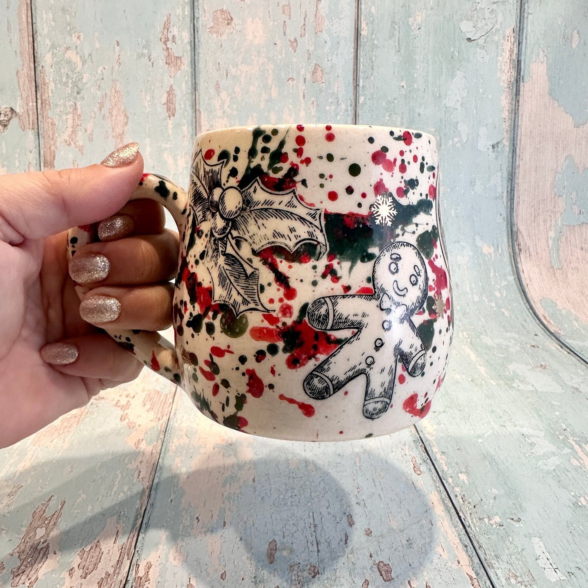 Large Christmas Mug, Handmade Ceramic Cup, Green Red Gold - FJD Ceramics