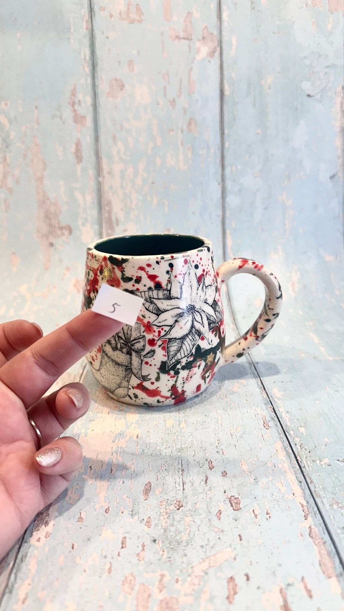 Large Christmas Mug, Handmade Ceramic Cup, Green Red Gold - FJD Ceramics