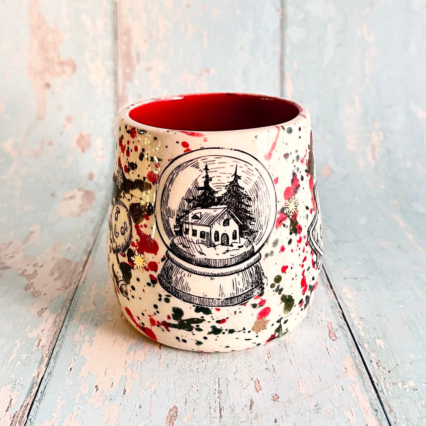 Large Christmas Mug, Handmade Ceramic Cup, Green Red Gold - FJD Ceramics