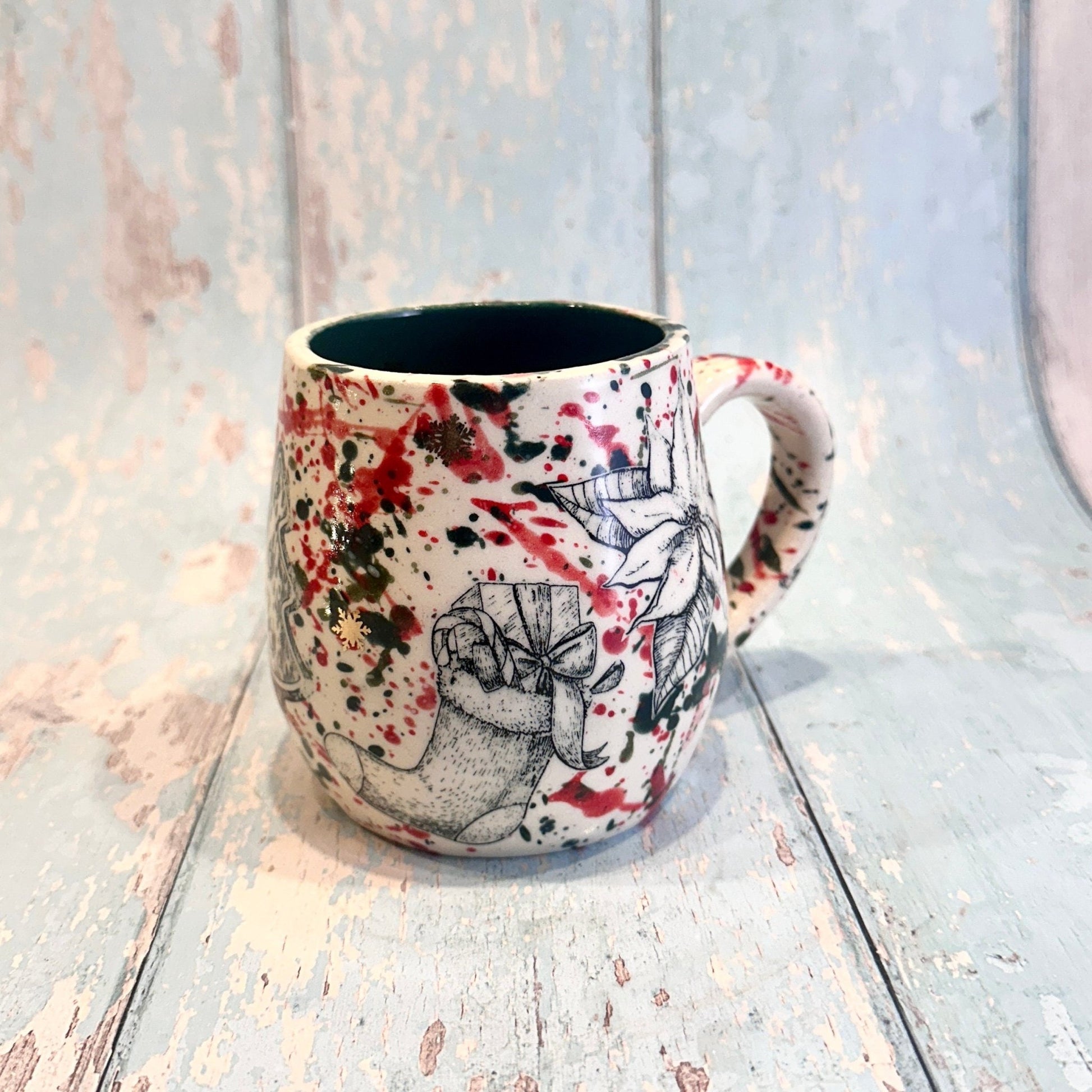 Large Christmas Mug, Handmade Ceramic Cup, Green Red Gold - FJD Ceramics