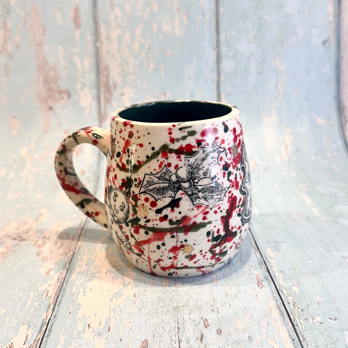 Large Christmas Mug, Handmade Ceramic Cup, Green Red Gold - FJD Ceramics