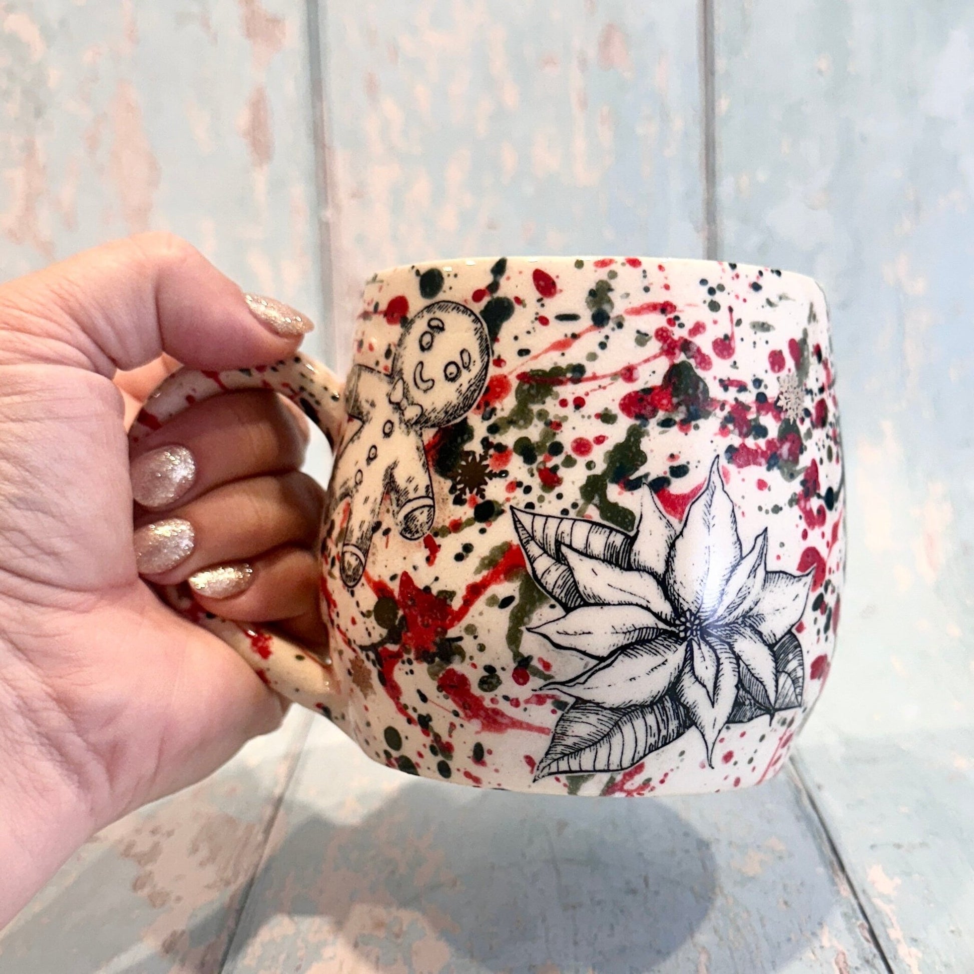 Large Christmas Mug, Handmade Ceramic Cup, Green Red Gold - FJD Ceramics