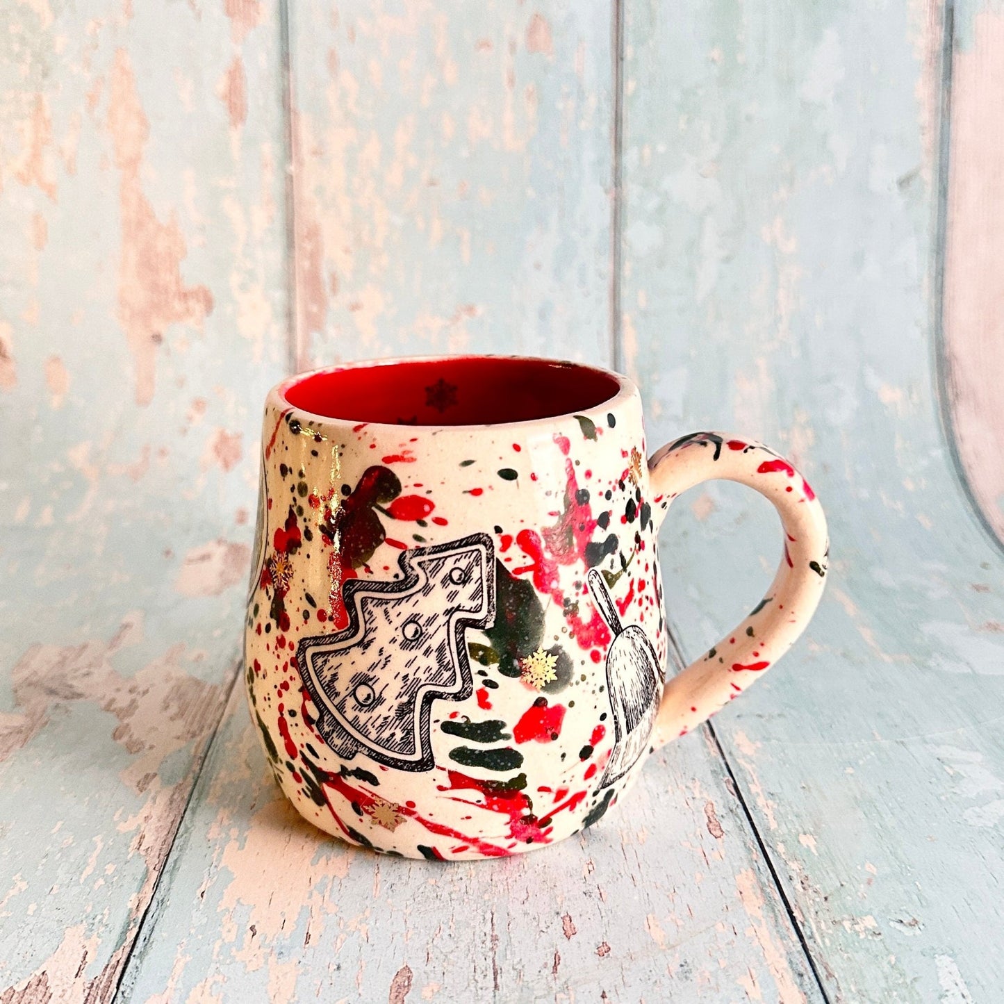 Large Christmas Mug, Handmade Ceramic Cup, Green Red Gold - FJD Ceramics