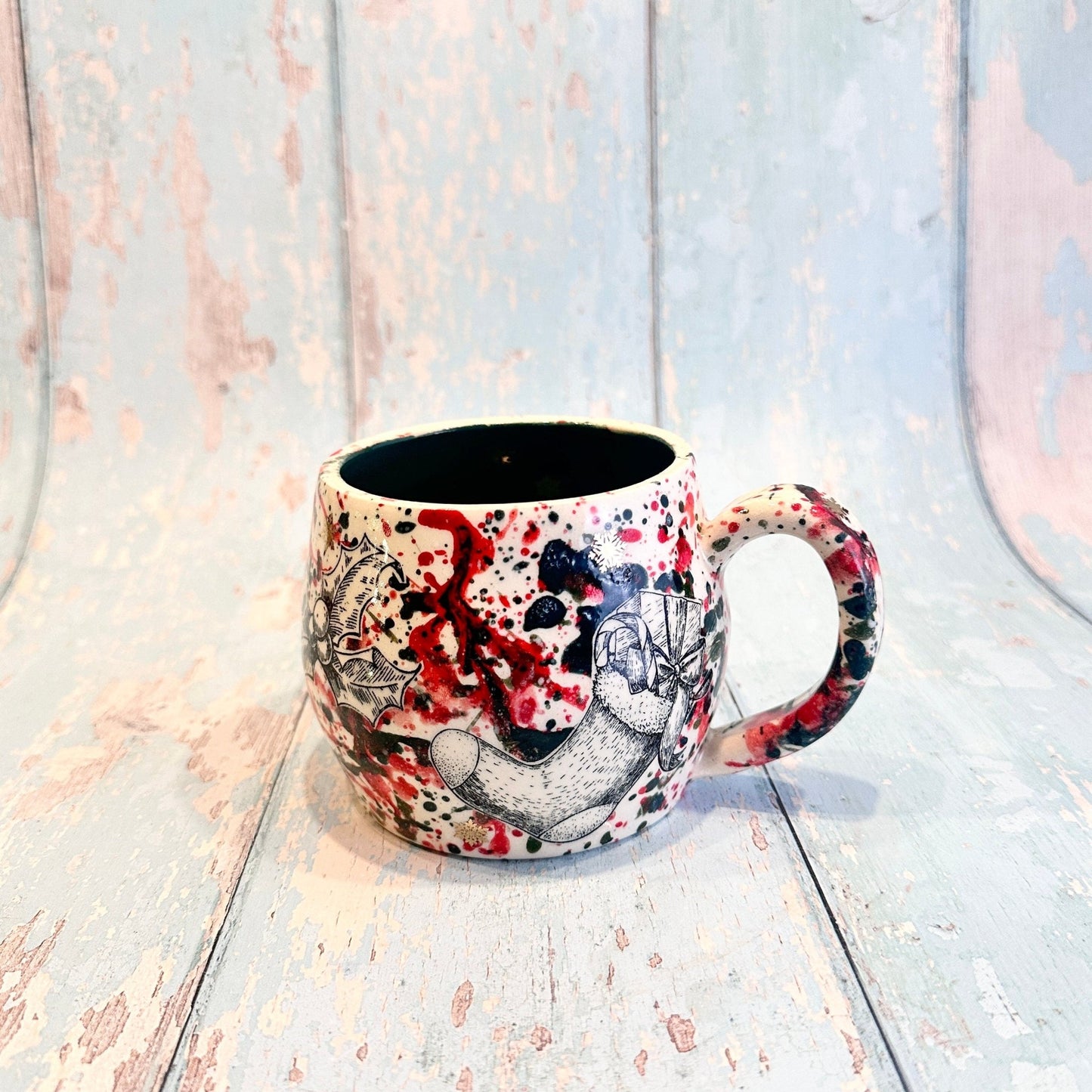 Large Christmas Mug, Handmade Ceramic Cup, Green Red Gold - FJD Ceramics