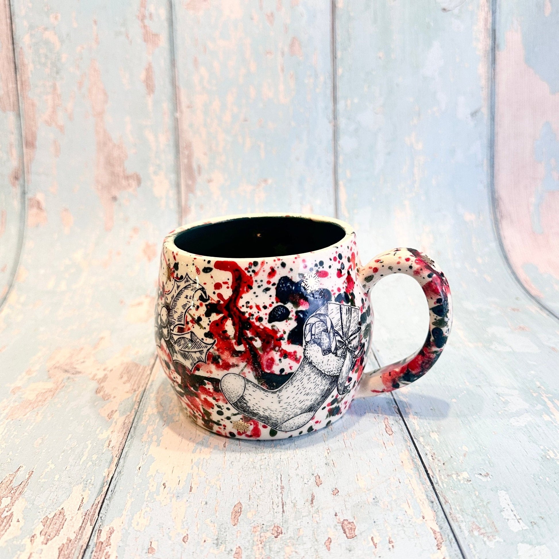 Large Christmas Mug, Handmade Ceramic Cup, Green Red Gold - FJD Ceramics