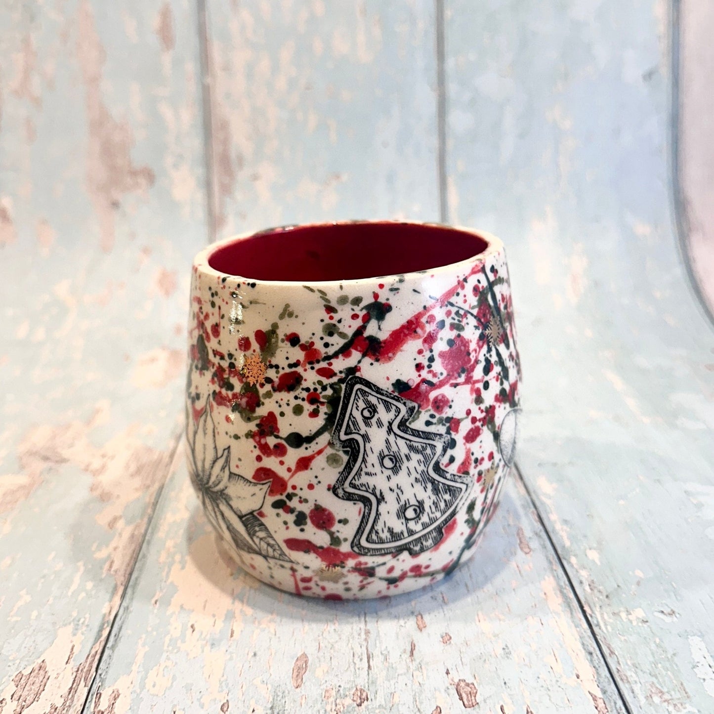 Large Christmas Mug, Handmade Ceramic Cup, Green Red Gold - FJD Ceramics