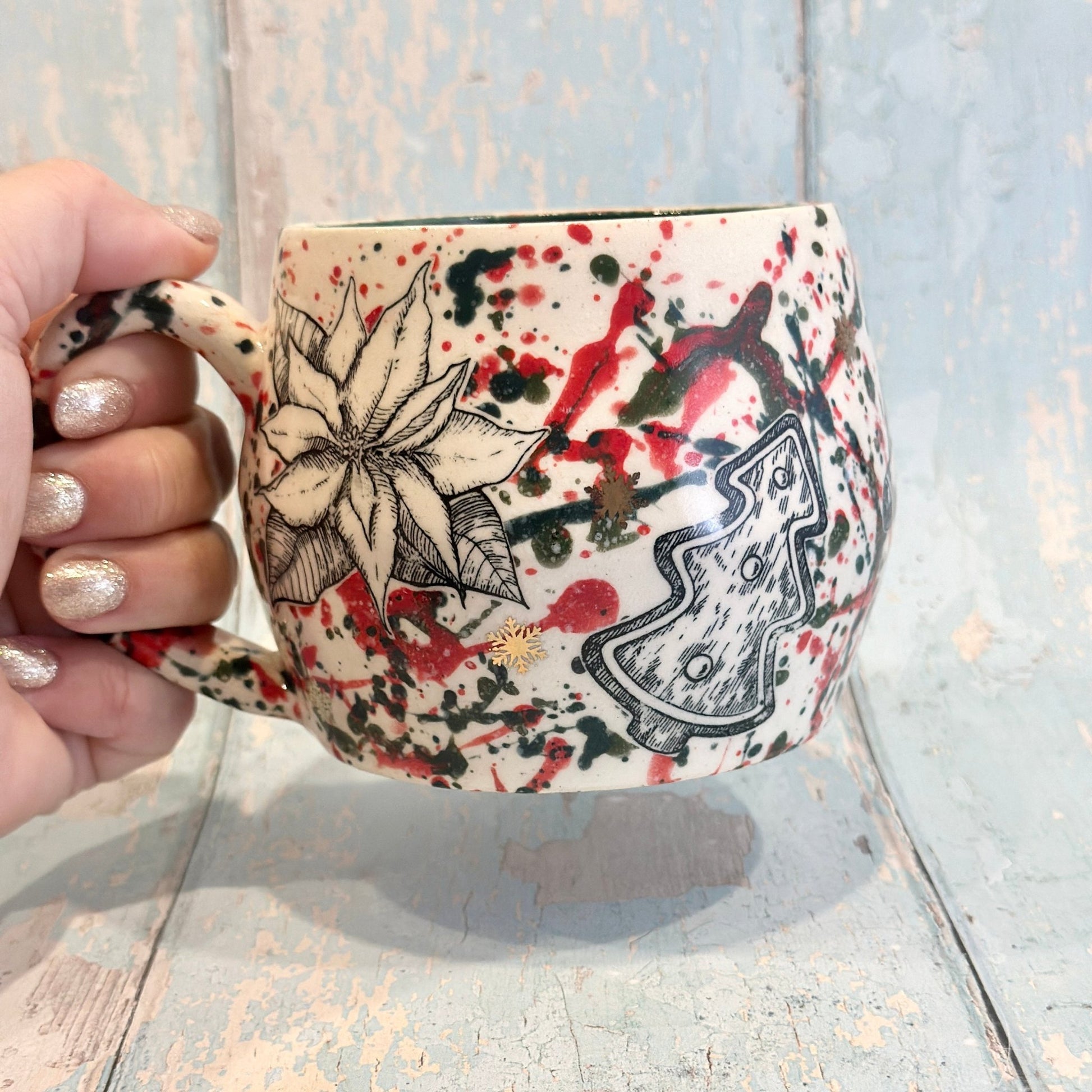 Large Christmas Mug, Handmade Ceramic Cup, Green Red Gold - FJD Ceramics