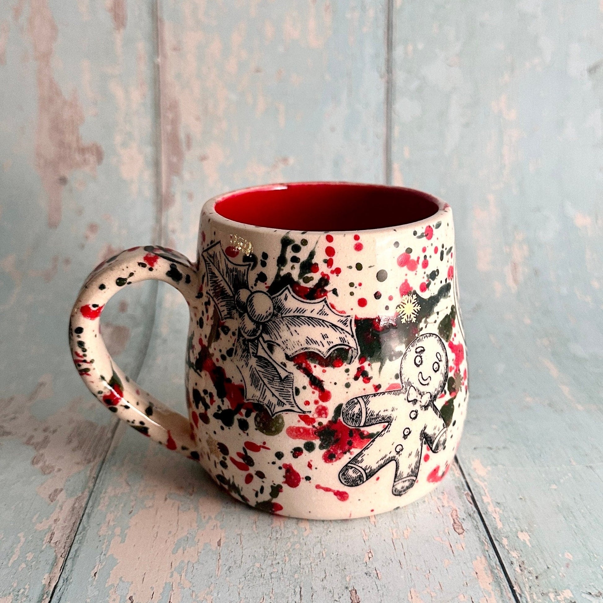 Large Christmas Mug, Handmade Ceramic Cup, Green Red Gold - FJD Ceramics