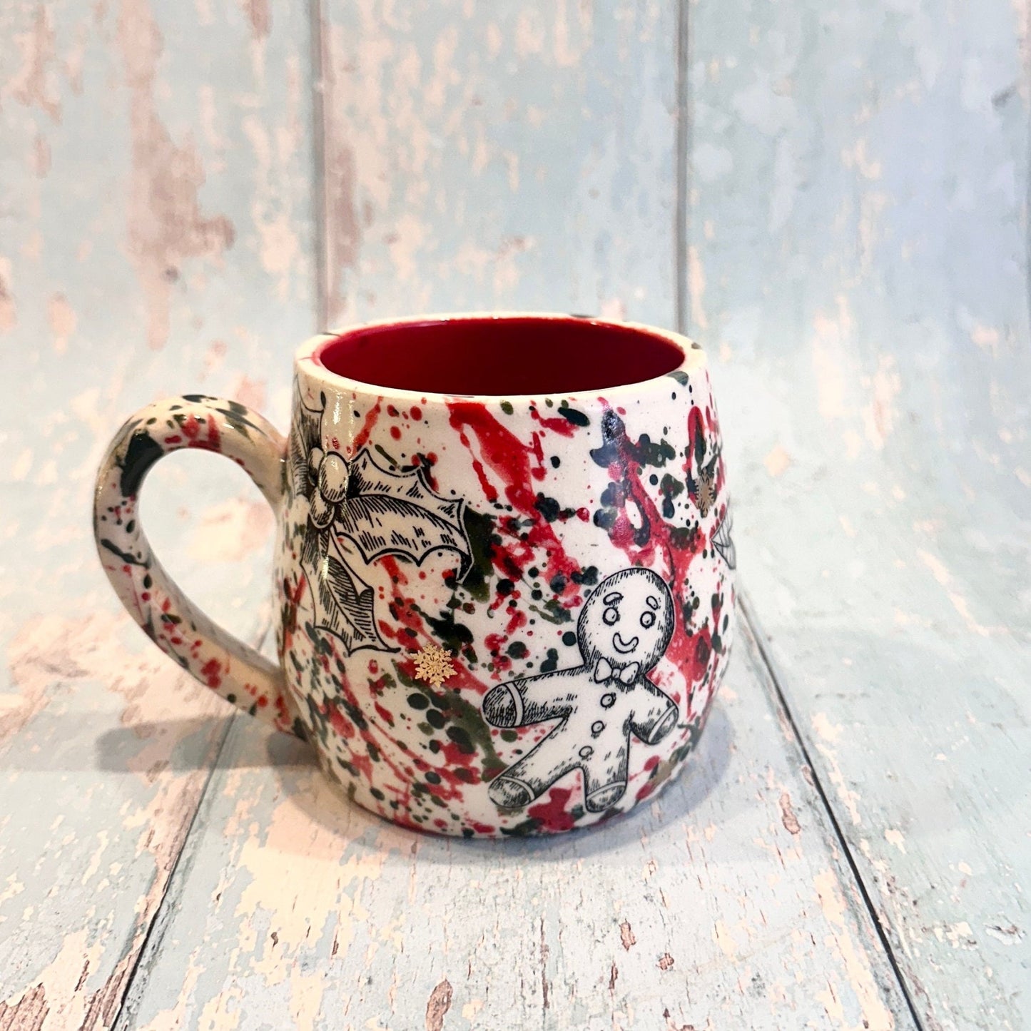 Large Christmas Mug, Handmade Ceramic Cup, Green Red Gold - FJD Ceramics