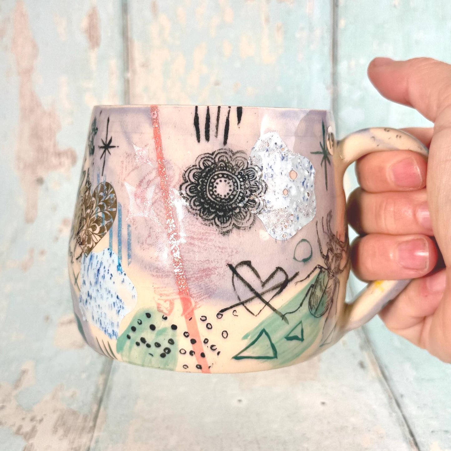 Lavender Collage Mug, Handmade Ceramic Cup - FJD Ceramics