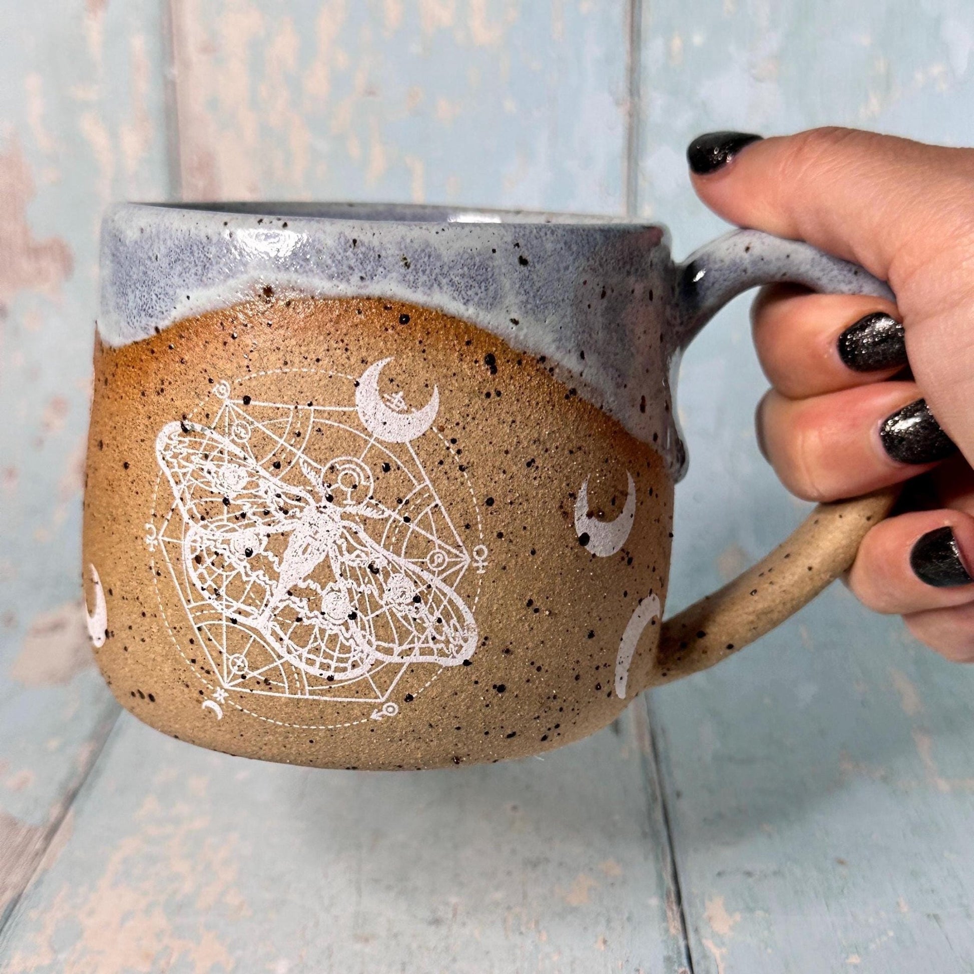 Lilac Blue Moth Mug, Large Ceramic Cup - FJD Ceramics