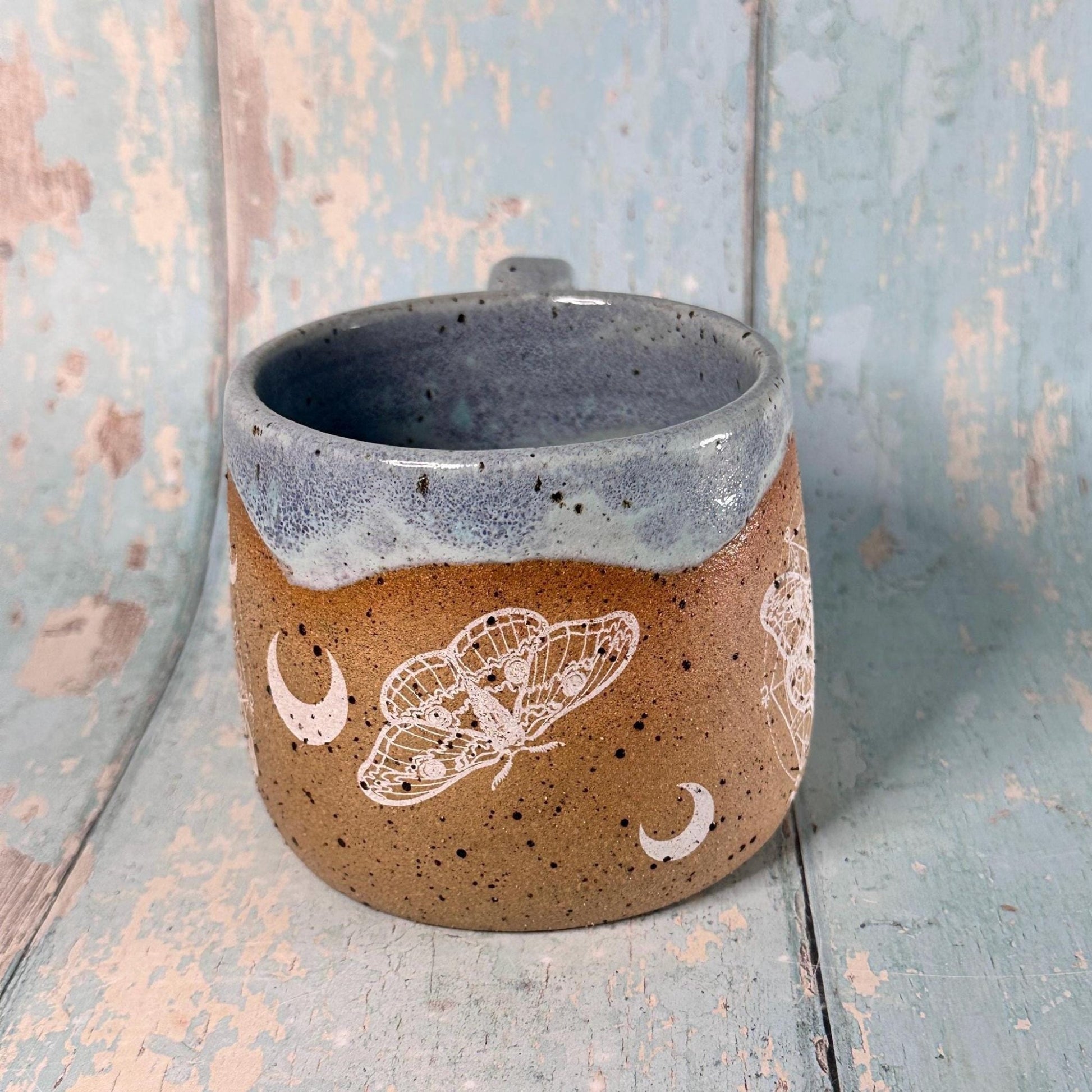 Lilac Blue Moth Mug, Large Ceramic Cup - FJD Ceramics