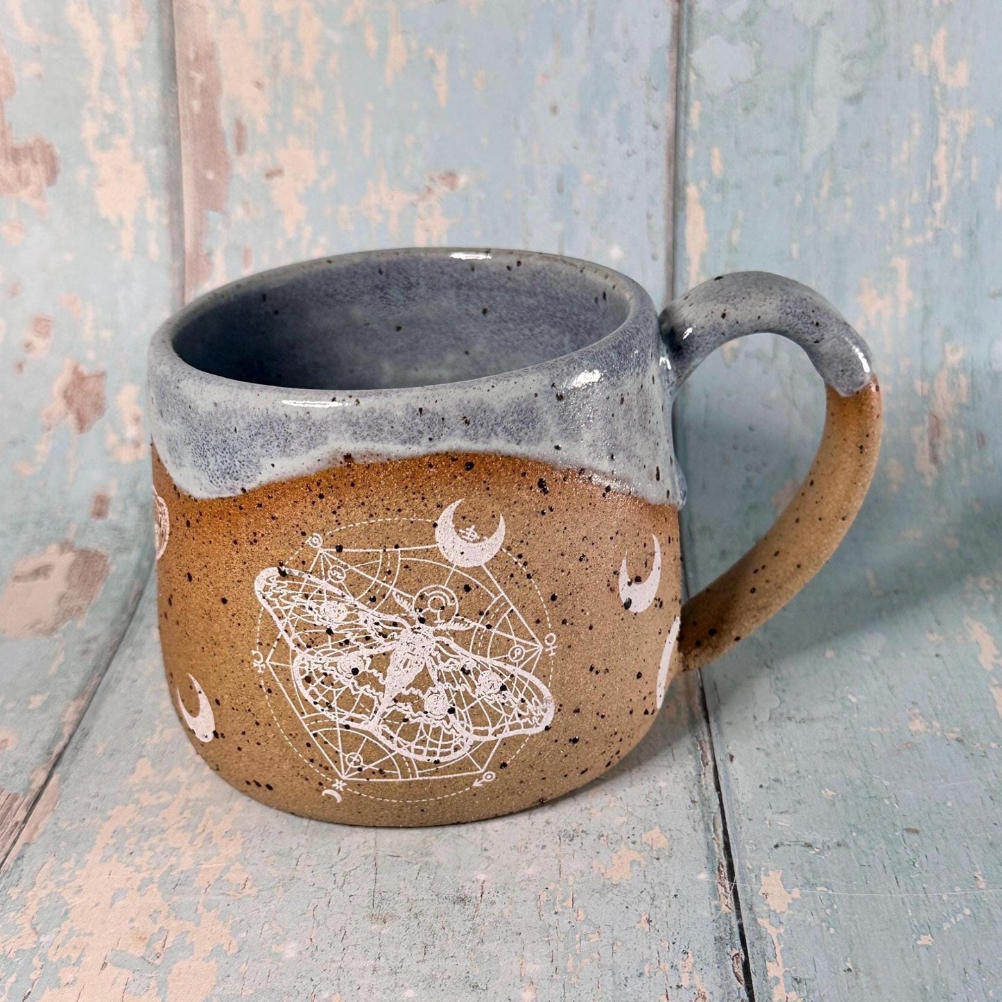 Lilac Blue Moth Mug, Large Ceramic Cup - FJD Ceramics