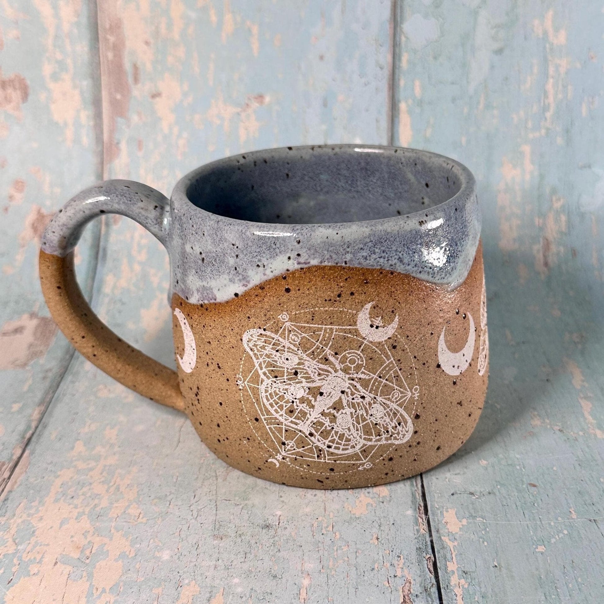 Lilac Blue Moth Mug, Large Ceramic Cup - FJD Ceramics