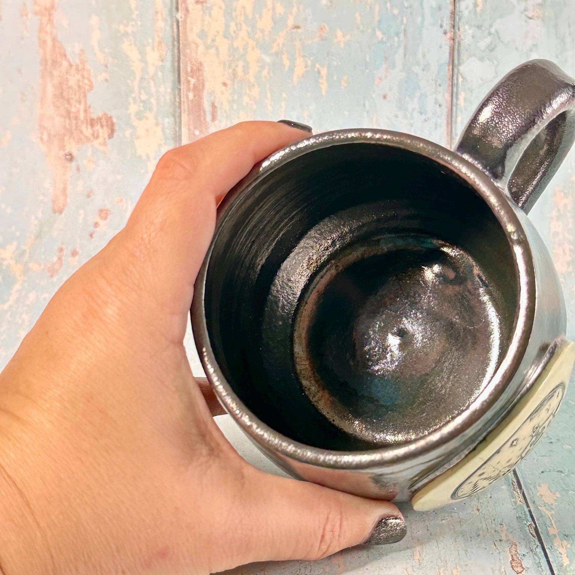 Metallic Black Christmas Snow Globe Mug, Handmade Ceramic Cup - FJD Ceramics