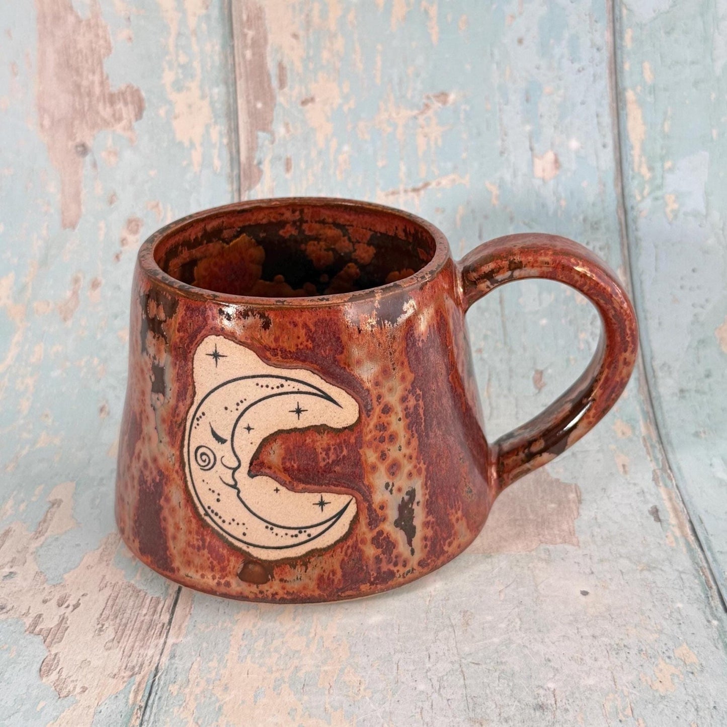 Mystical Sun and Moon Mug, Handmade Copper Ceramic Cup - FJD Ceramics