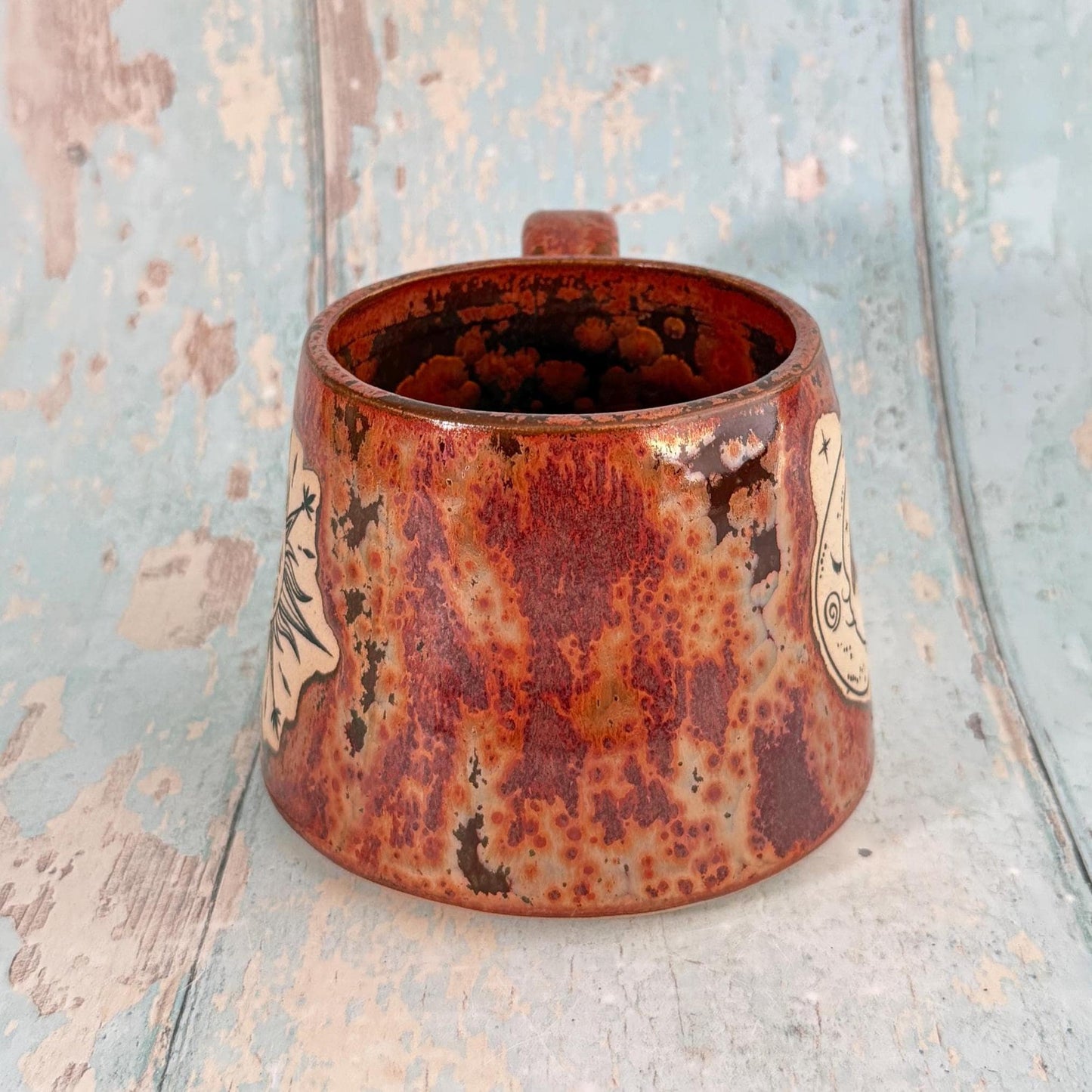 Mystical Sun and Moon Mug, Handmade Copper Ceramic Cup - FJD Ceramics