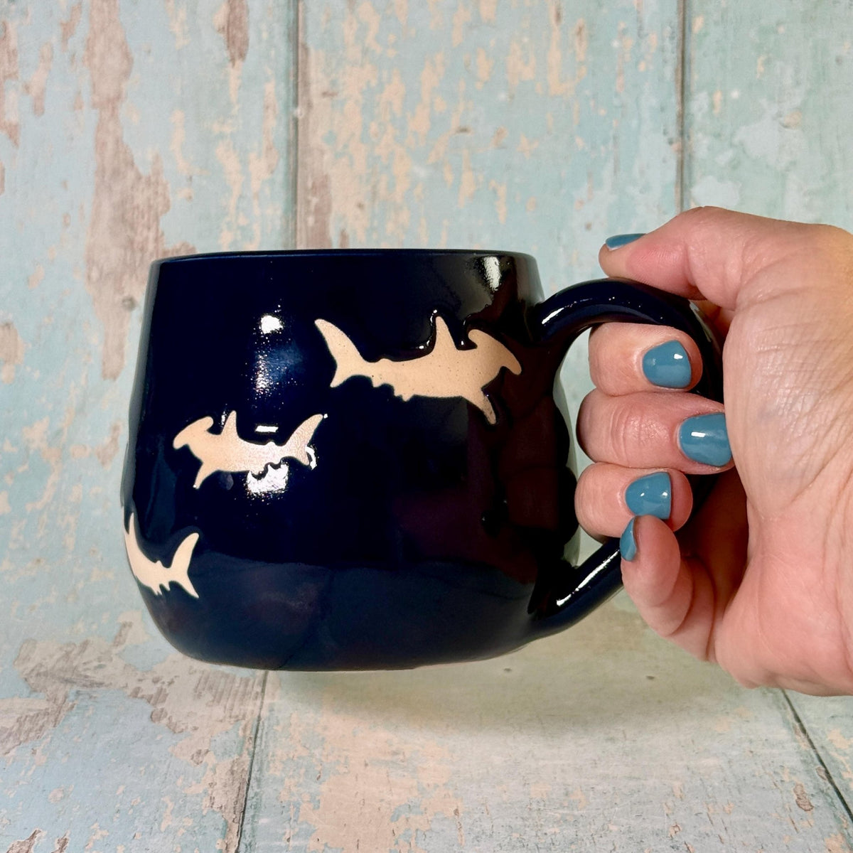 Navy Blue Hammerhead Shark Mug, Large Ceramic Cup - FJD Ceramics