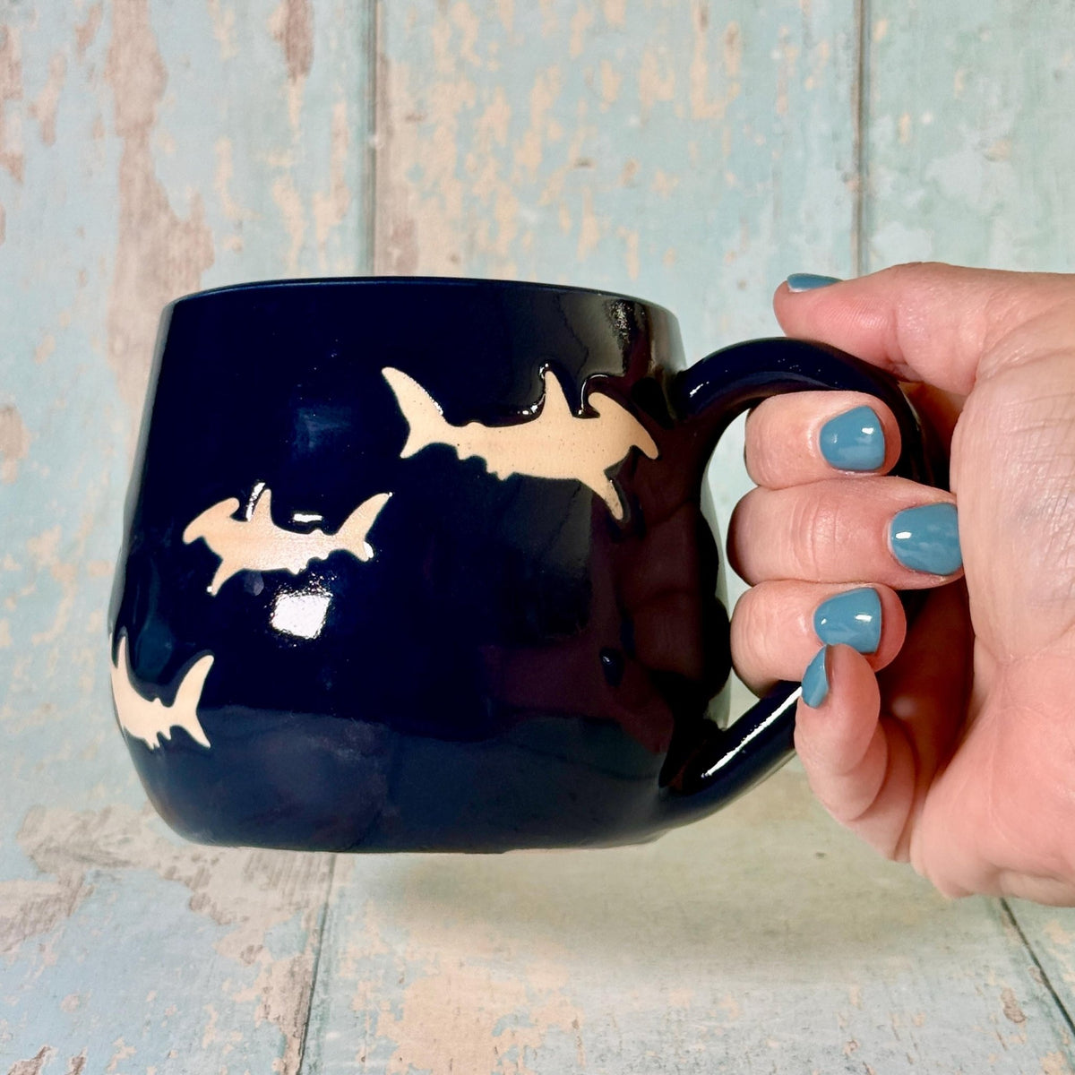 Navy Blue Hammerhead Shark Mug, Large Ceramic Cup - FJD Ceramics