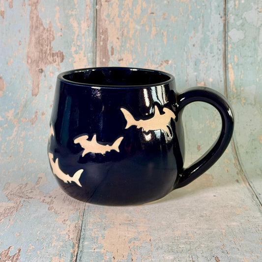 Navy Blue Hammerhead Shark Mug, Large Ceramic Cup - FJD Ceramics