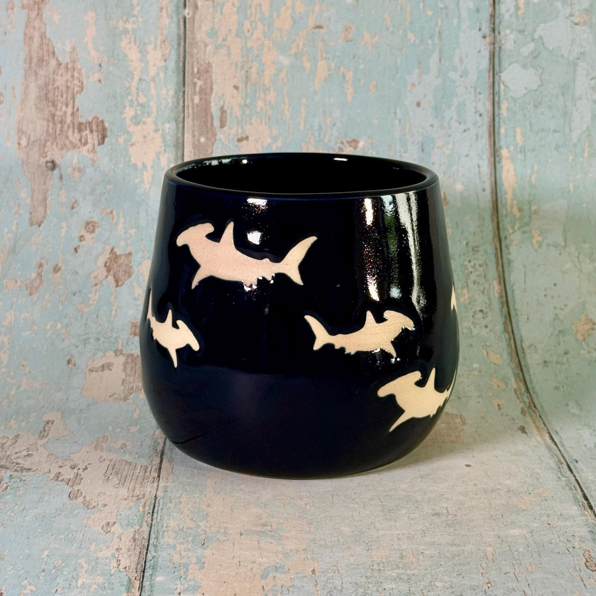 Navy Blue Hammerhead Shark Mug, Large Ceramic Cup - FJD Ceramics