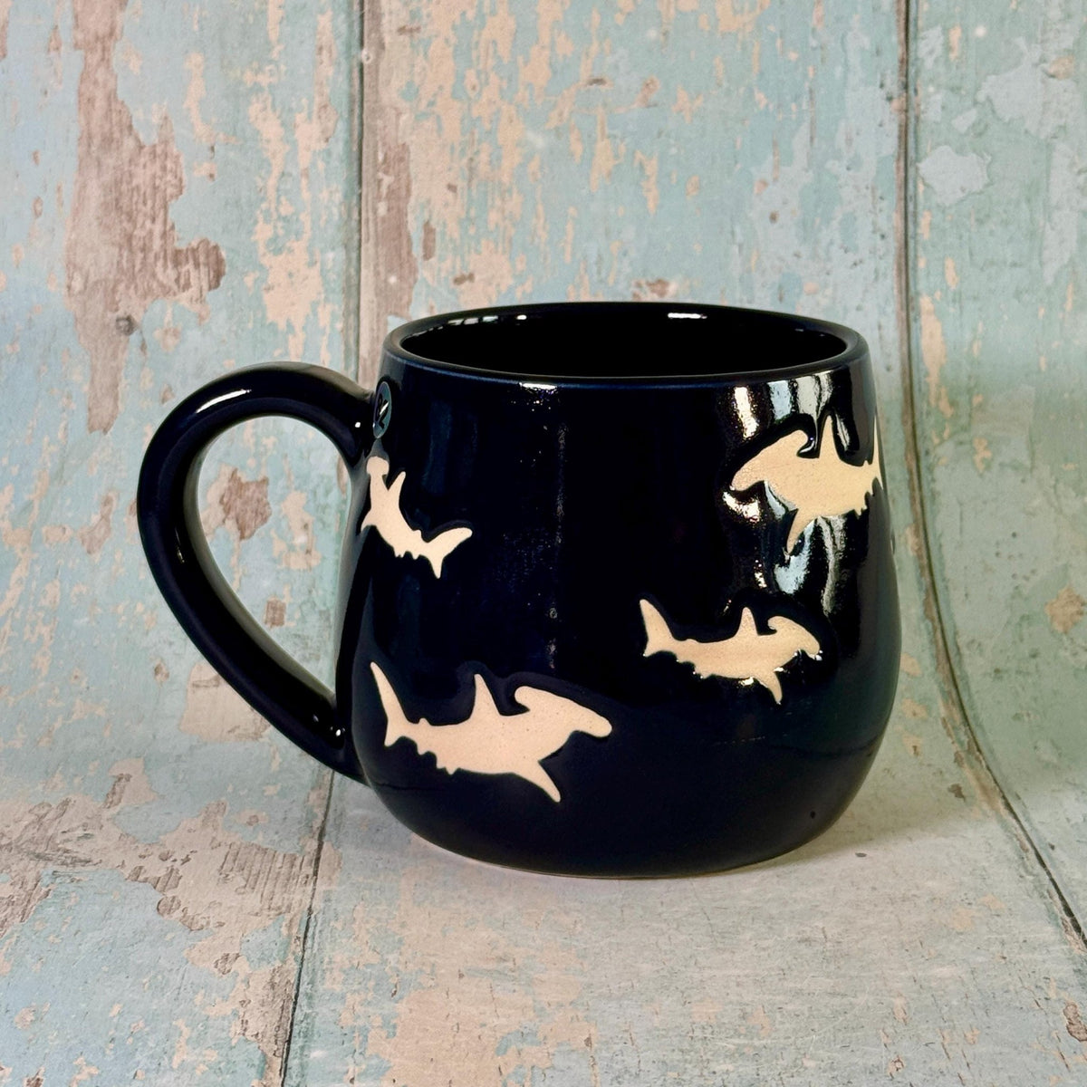 Navy Blue Hammerhead Shark Mug, Large Ceramic Cup - FJD Ceramics
